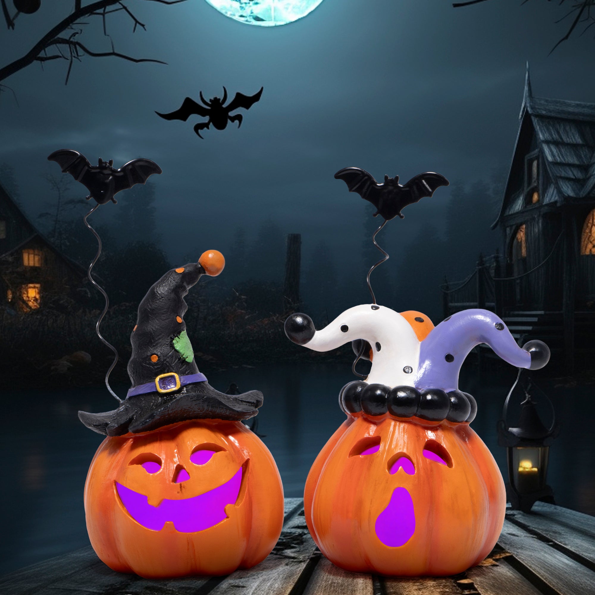 Halloween Pumpkin Clown with Bats | Multi-Color LED Light Up Decoration for Spooky Party & Home Decor