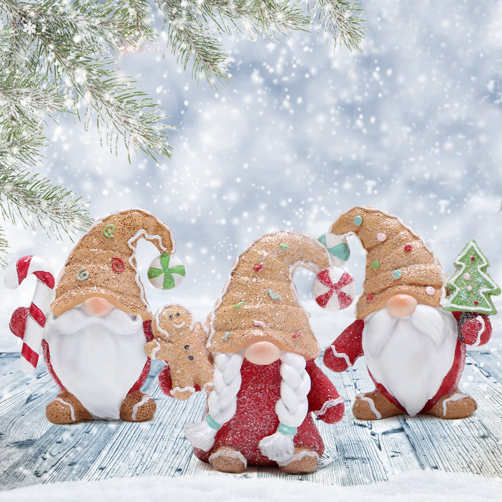 Hodao Christmas Gingerbread Gnomes Trio Decorations for Home