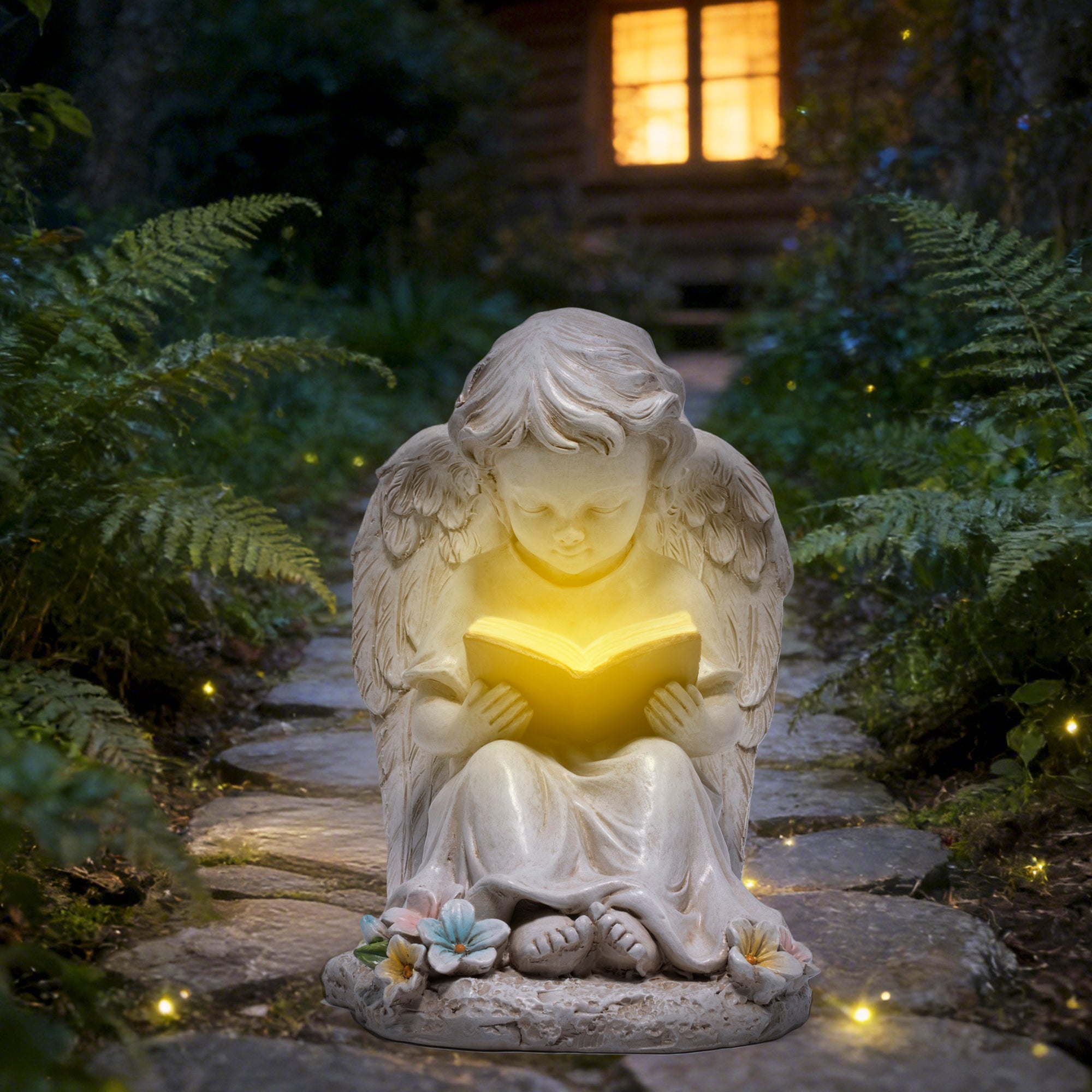 Hodao  Solar Angel Garden Statue with LED Lighted Book, Resin Outdoor Guardian Angel Figurine, Waterproof Lawn Yard Patio Decor, Memorial Sympathy Sculpture for Porch Backyard Gift