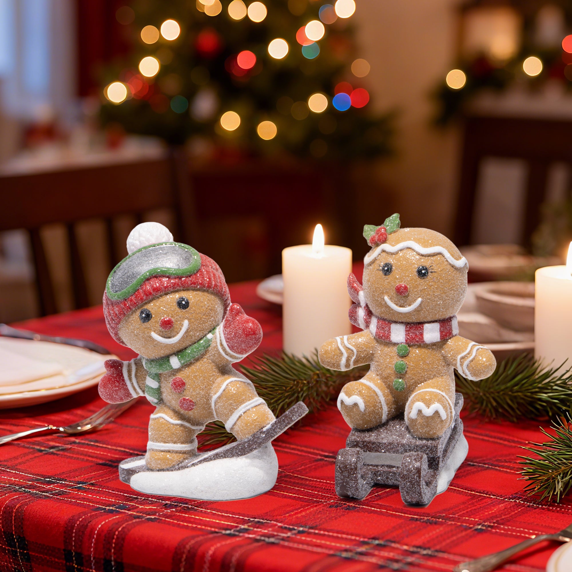 Hodao Gingerbread Ski & Sled Figurines – Hand-Painted Resin Christmas Ornaments, Glitter Candy Style, Indoor Winter Decor for Home, Bedroom, Shelf, Mantel, Tabletop, Cute 2-Piece Set