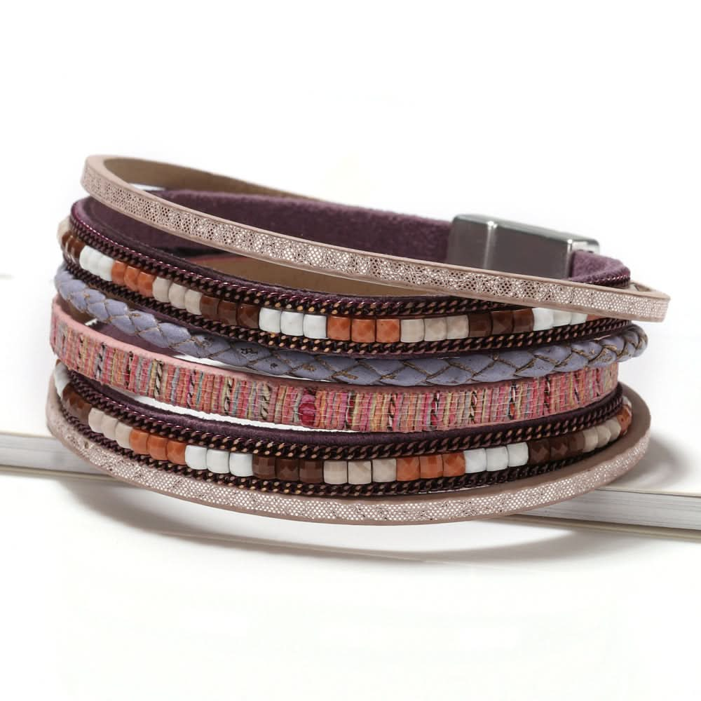 Bohemian Style Multicolored Bracelet with Alloy Magnetic Clasp, Leather Material, Women's Fashion Bangle