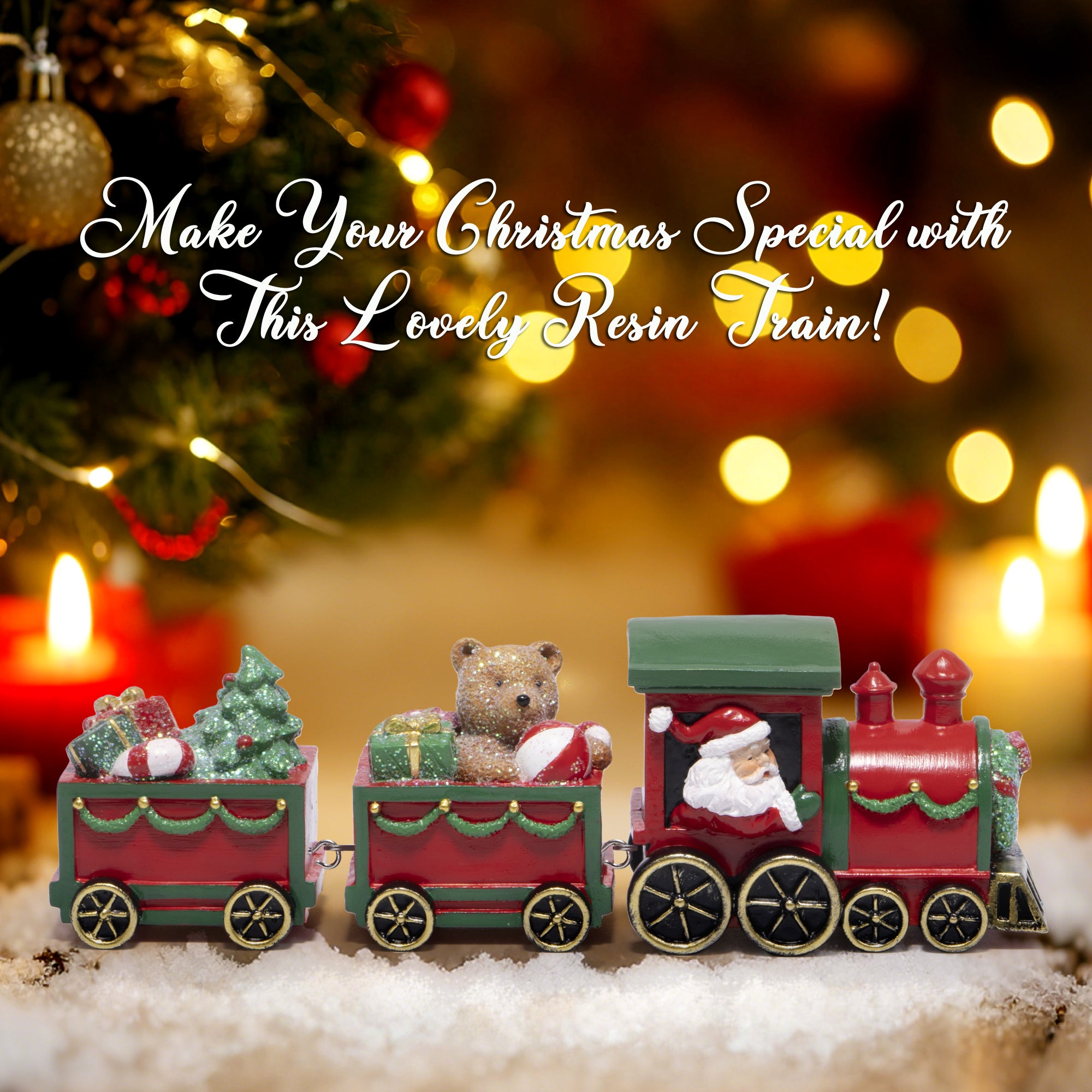 Hodao Christmas Train Decorations – Hand-Painted Resin Santa Claus Gift Train with Teddy Bear, Christmas Tree and Presents, Festive Ornament for Home, Tabletop, Shelf, Mantel, Décor