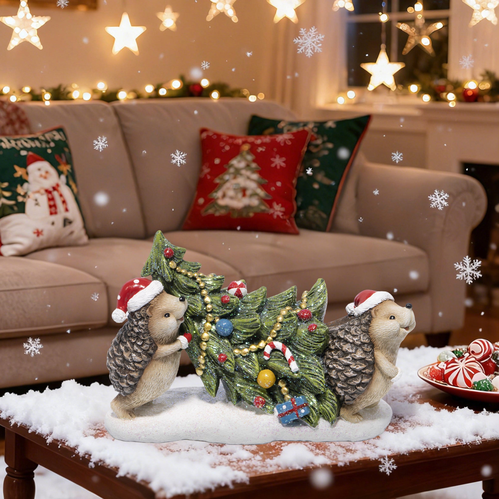 Hodao Christmas Hedgehog Figurines Decorations – Resin Hedgehog Carrying Christmas Tree Ornaments with Santa Hats, Hand-Painted Winter Decor for Indoor Home, Bedroom, Shelf, Tabletop, and Gift Display