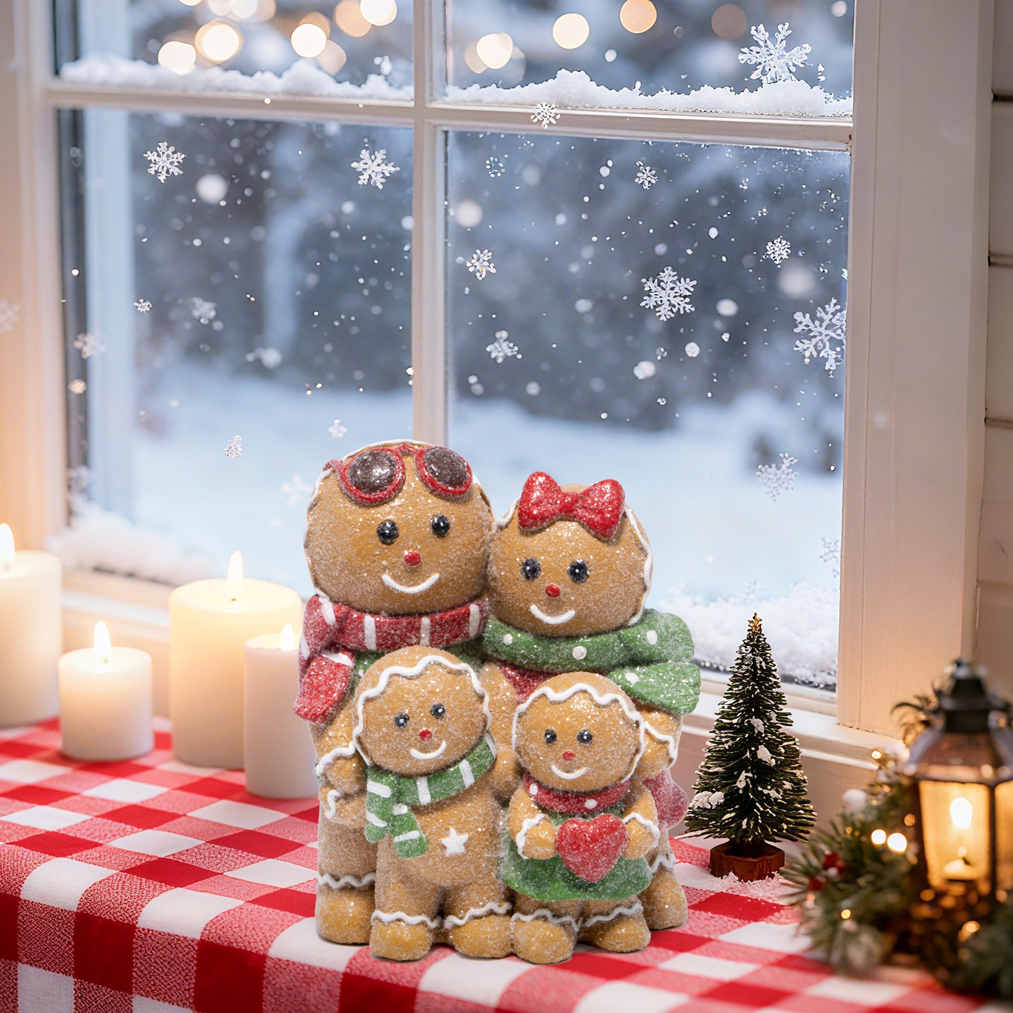 Hodao Christmas Gingerbread Family Figurines – Hand-Painted Resin Holiday Decorations with Red & Green Scarves, Festive Indoor Ornaments for Home, Bedroom & Tabletop, Heartwarming Décor