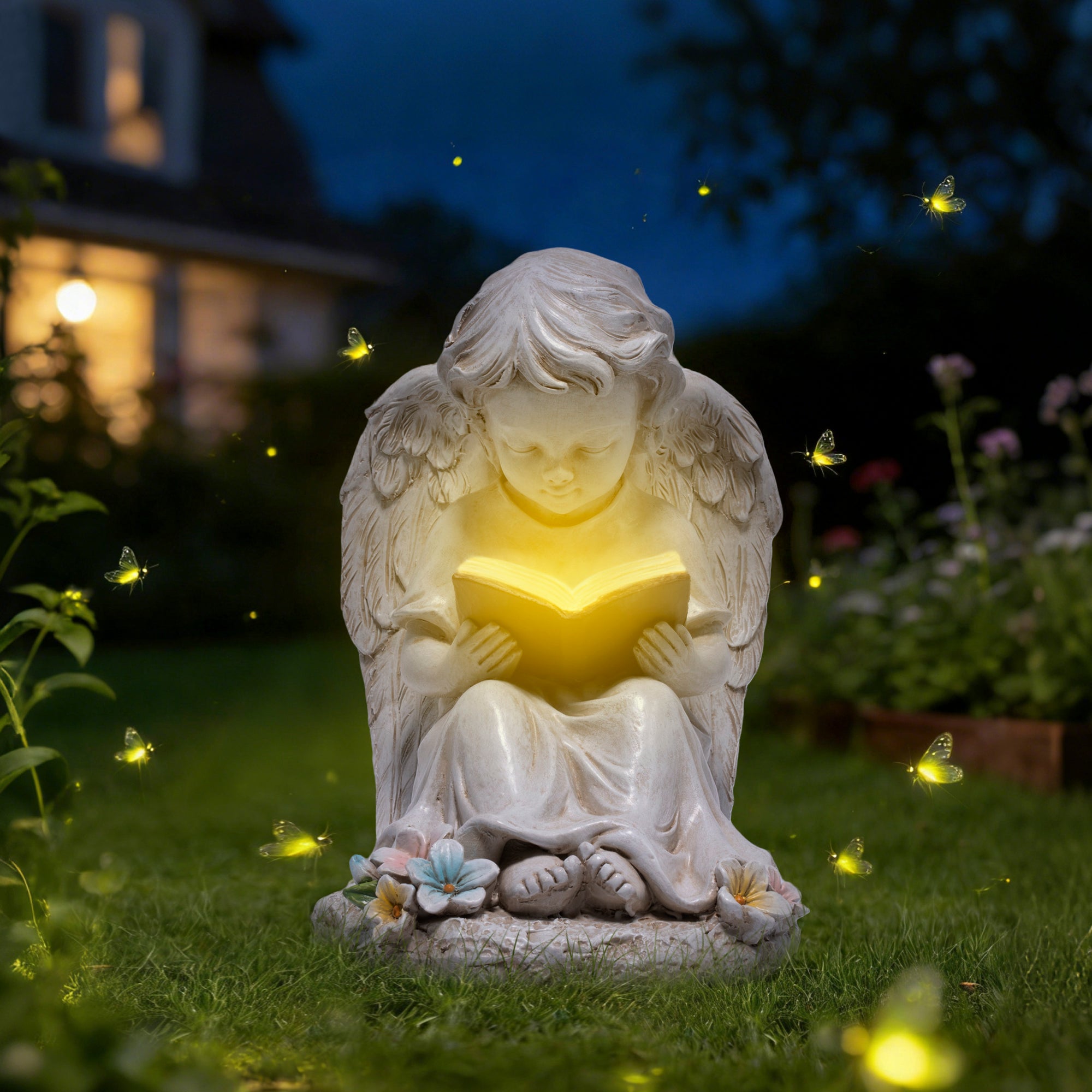 Hodao  Solar Angel Garden Statue with LED Lighted Book, Resin Outdoor Guardian Angel Figurine, Waterproof Lawn Yard Patio Decor, Memorial Sympathy Sculpture for Porch Backyard Gift