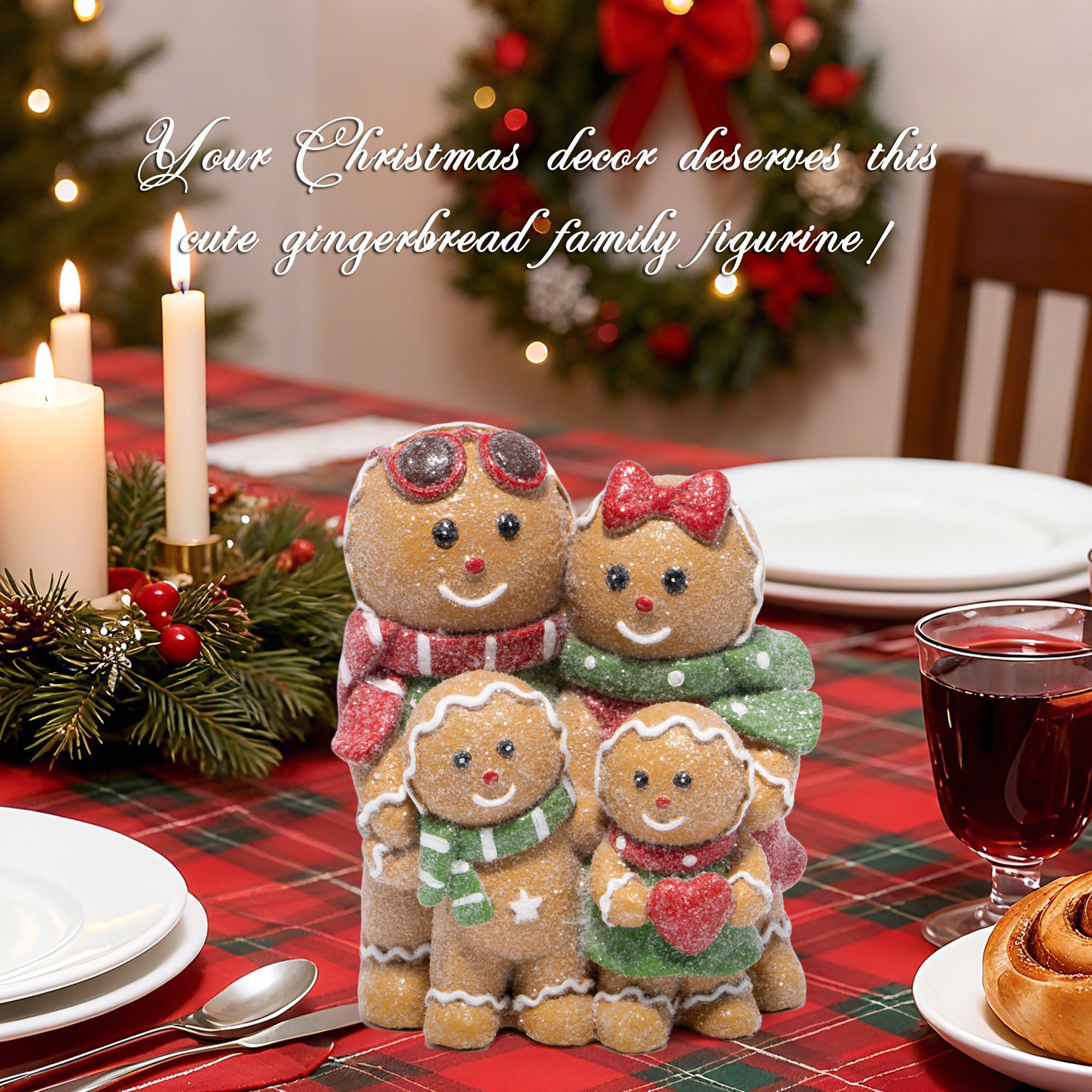 Hodao Christmas Gingerbread Family Figurines – Hand-Painted Resin Holiday Decorations with Red & Green Scarves, Festive Indoor Ornaments for Home, Bedroom & Tabletop, Heartwarming Décor