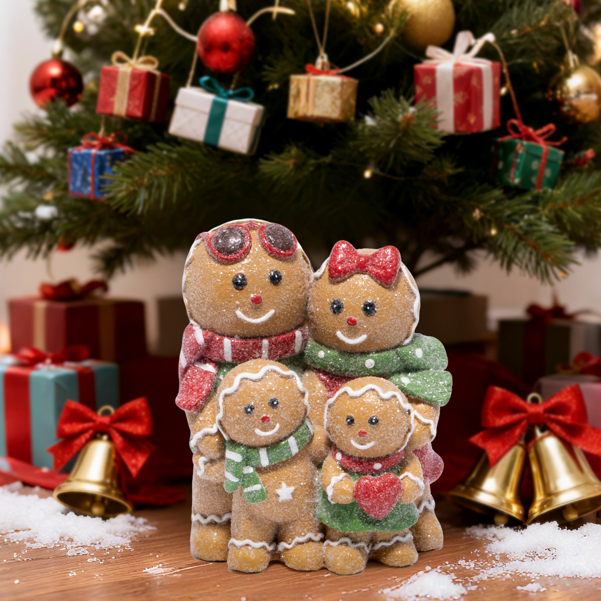 Hodao Christmas Gingerbread Family Figurines – Hand-Painted Resin Holiday Decorations with Red & Green Scarves, Festive Indoor Ornaments for Home, Bedroom & Tabletop, Heartwarming Décor