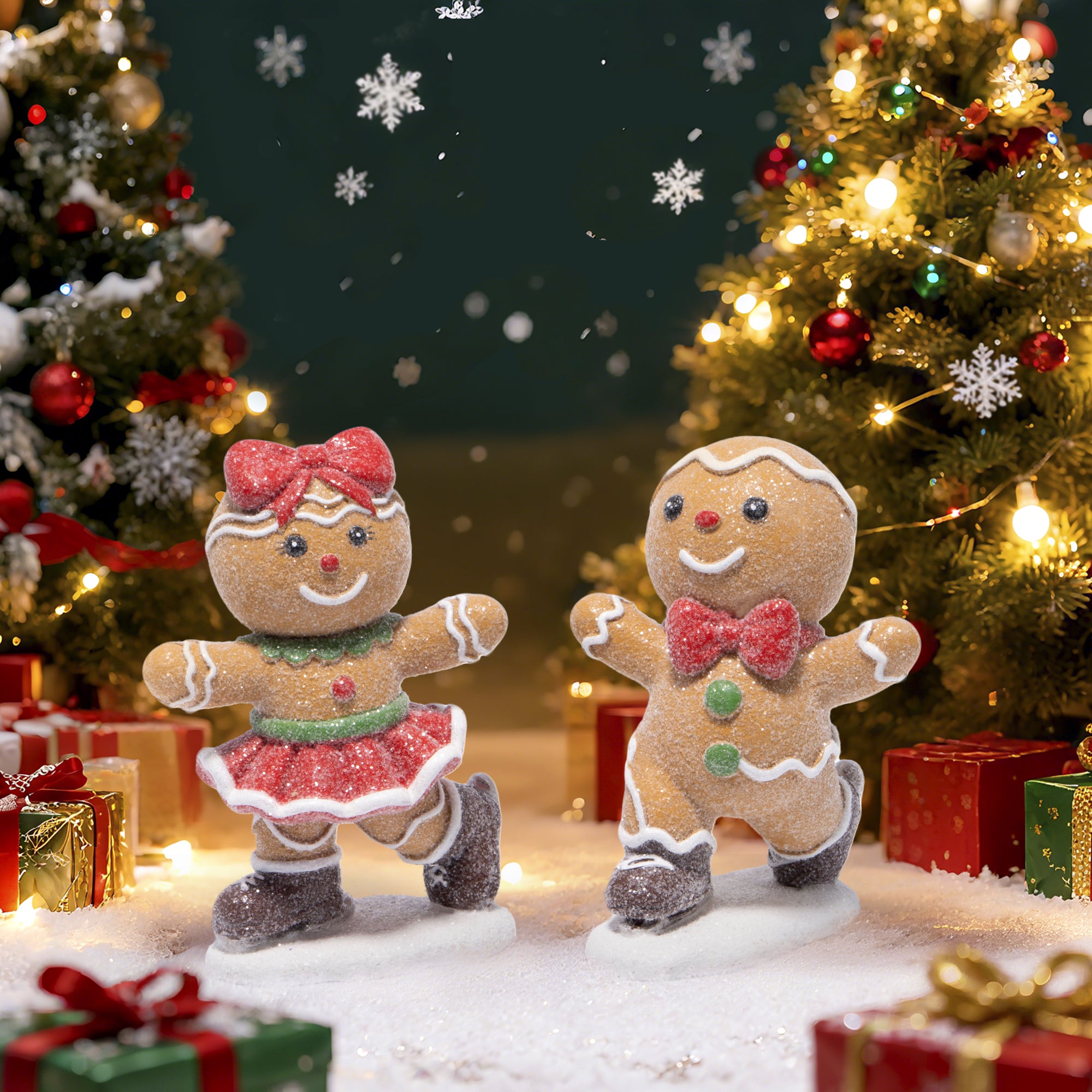 Hodao Gingerbread Couple Figurines – Hand-Painted Resin Christmas Ornaments, Glittered Skating Boy & Girl, Indoor Holiday Decor for Home, Bedroom, Shelf, Tabletop, Collectible Winter Cheer Gift