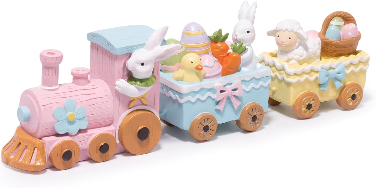 Hodao Easter Train Figurine Bundle (Choose 3/4/6-Piece Set) – Pastel Spring Tabletop Decor Collection with Bunny & Egg Carts, Cute Home Accent for Mantel, Shelf & Tiered Tray, Gift-Ready Easter Decor