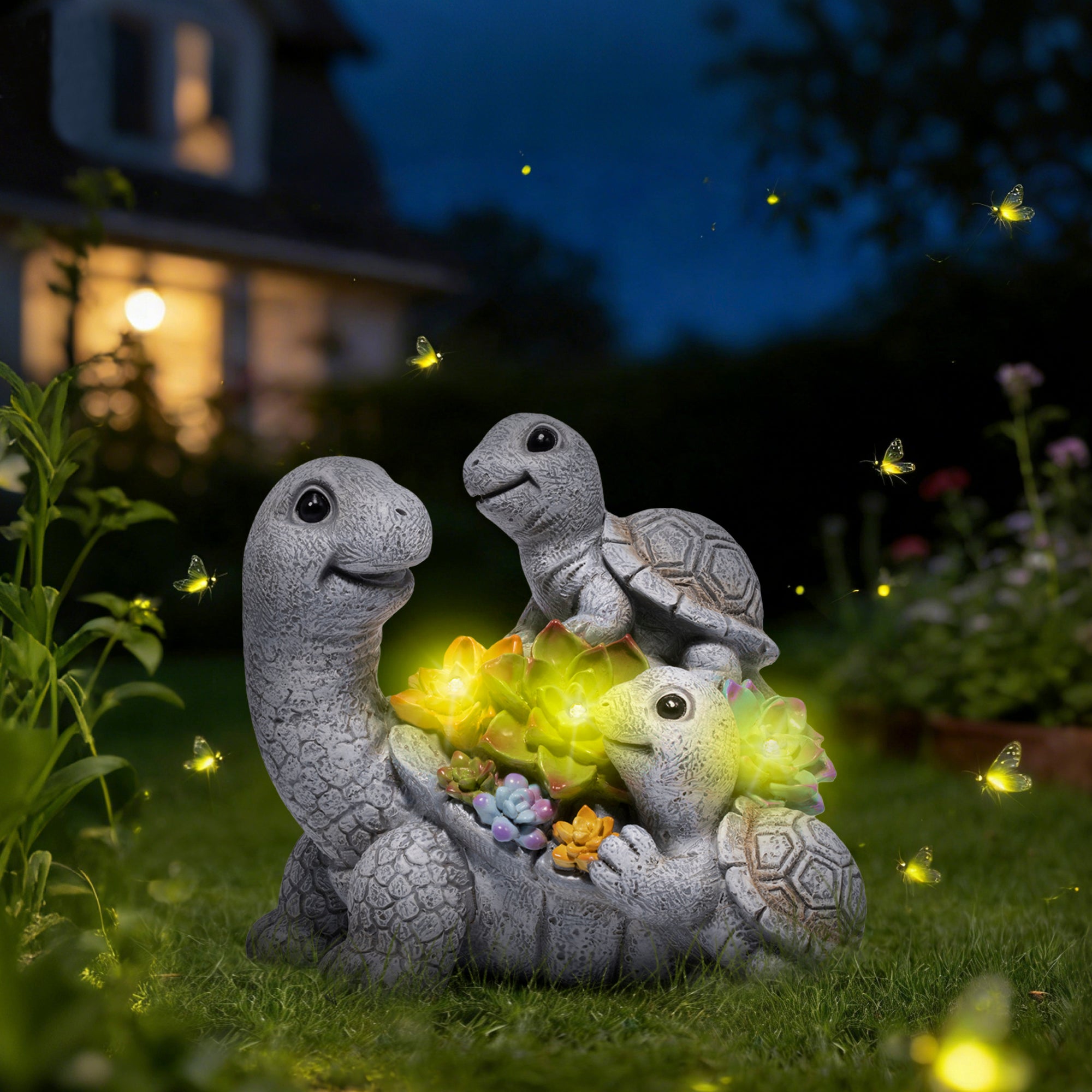 Hodao  Solar Turtle Garden Statue with LED Succulent Lights, Resin Outdoor Tortoise Family Figurine, Waterproof Yard Lawn Patio Decor, Cute Animal Sculpture for Porch, Backyard, Gift