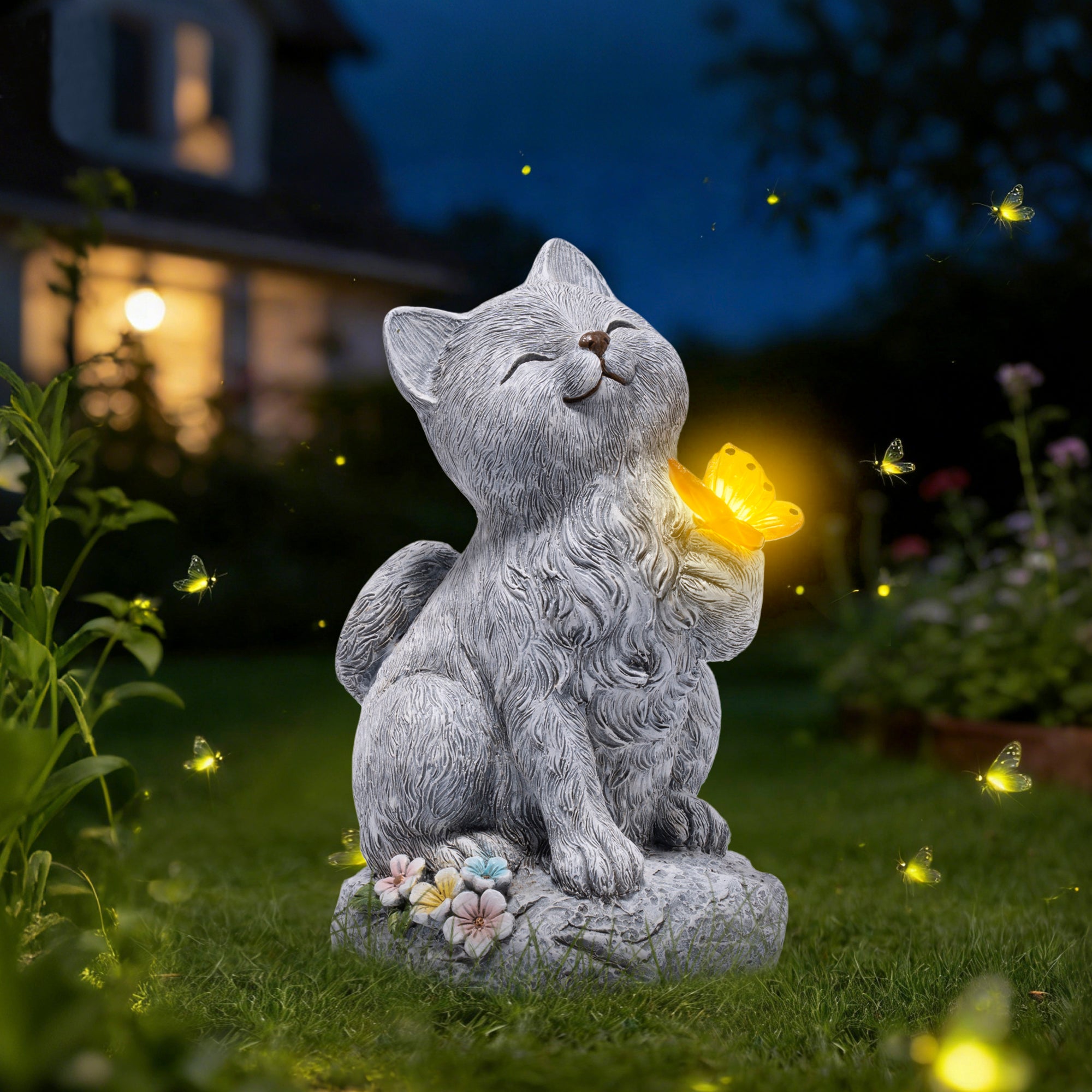 Hodao  Solar Cat Statue with Glowing Butterfly, Outdoor Garden Cat Figurine Decor for Yard Lawn Patio, Resin Solar Animal Sculpture with LED Light for Garden Landscape Decoration