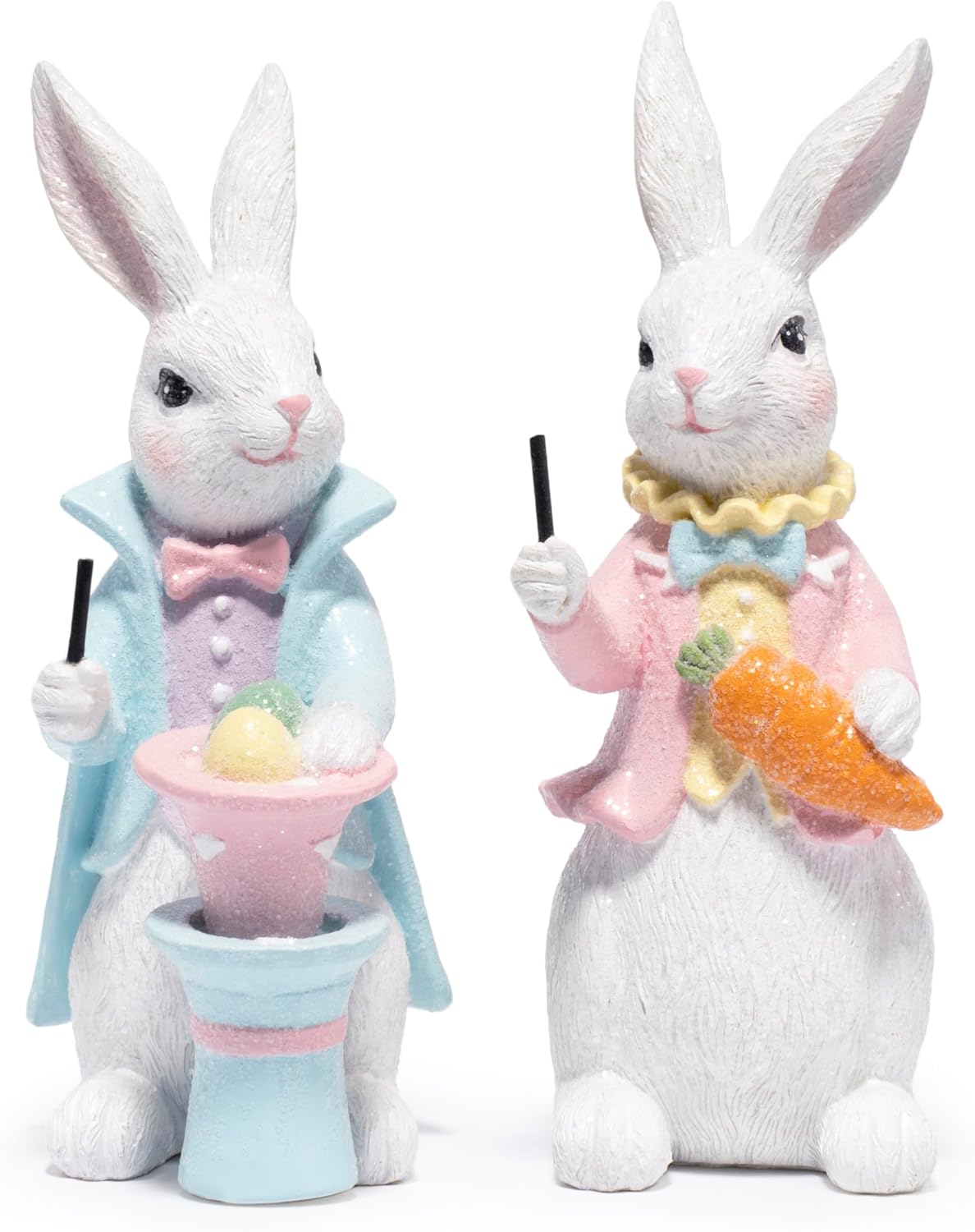 Hodao Easter Bunny Figurines Set of 2 – Gentleman Rabbit Pair with Pastel Coats & Spring Props, Cute Tabletop Decor for Mantel, Shelf & Tiered Tray, Giftable Easter Home Accent