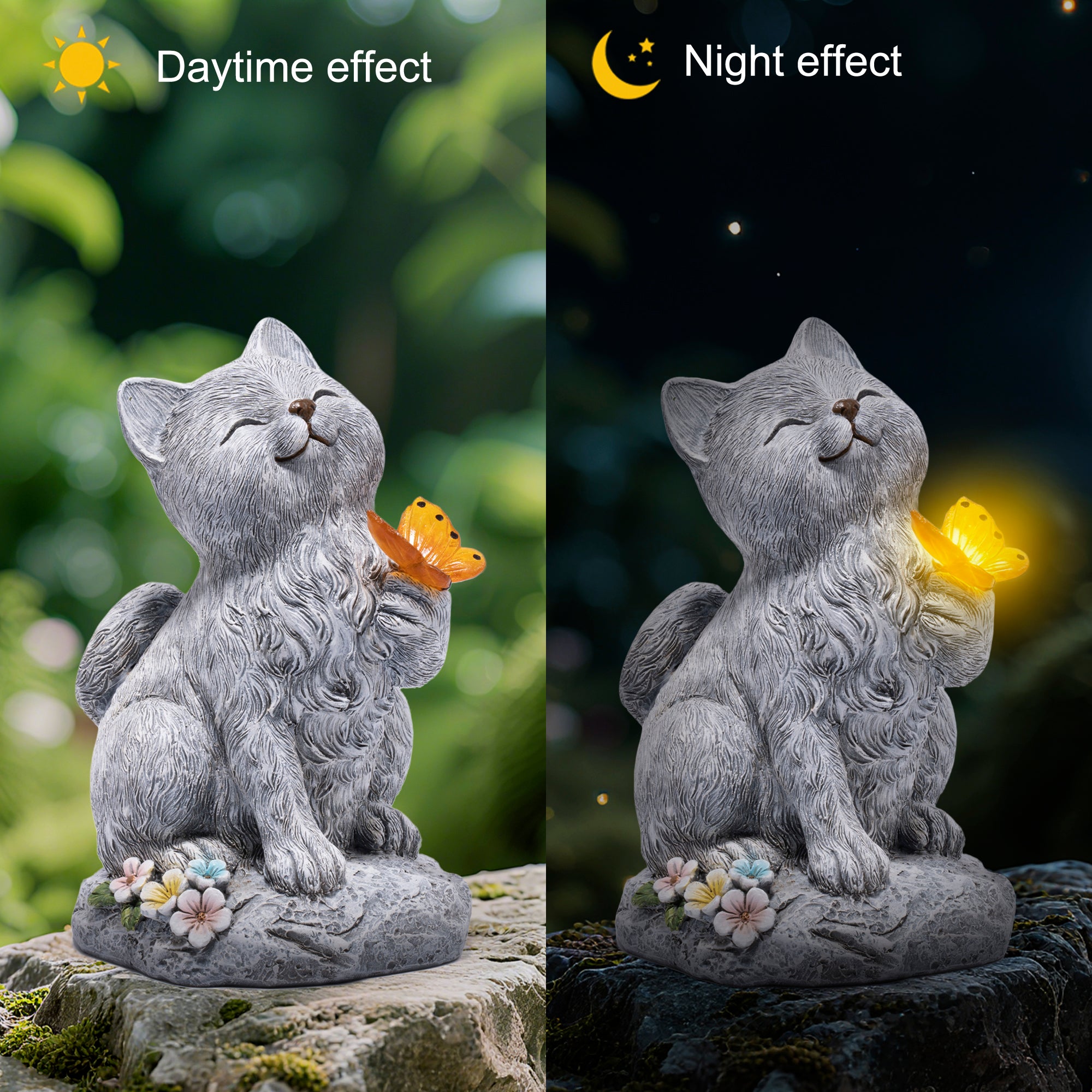 Hodao  Solar Cat Statue with Glowing Butterfly, Outdoor Garden Cat Figurine Decor for Yard Lawn Patio, Resin Solar Animal Sculpture with LED Light for Garden Landscape Decoration