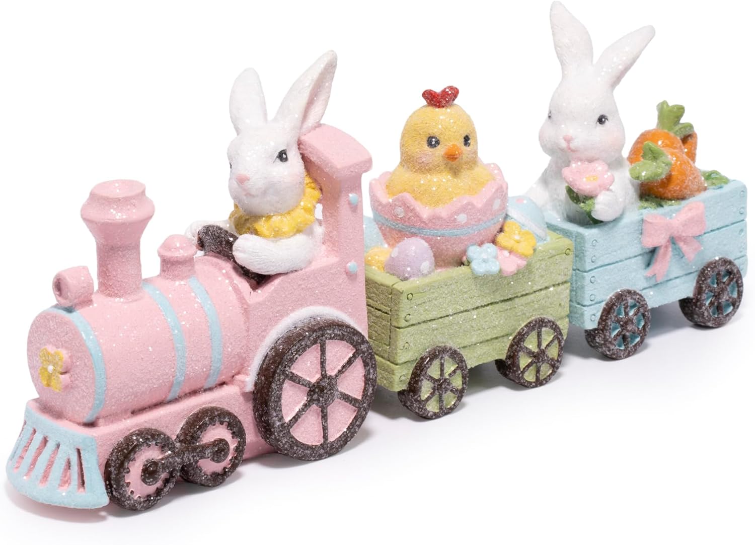 Easter Bunny Train Figurine – Pastel Pink Locomotive with Wood-Plank Carts, Chick-in-Egg & Bunny Basket Scene, Spring Tabletop Decor for Mantel, Shelf & Tiered Tray, Giftable Easter Accent