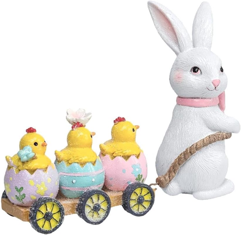 Hodao Easter Bunny Pulling Cart Figurine – Rabbit with Chicks in Painted Egg Wagon, Spring Tabletop Decor for Mantel & Tiered Tray, Giftable with “Happy Easter” Box Packaging