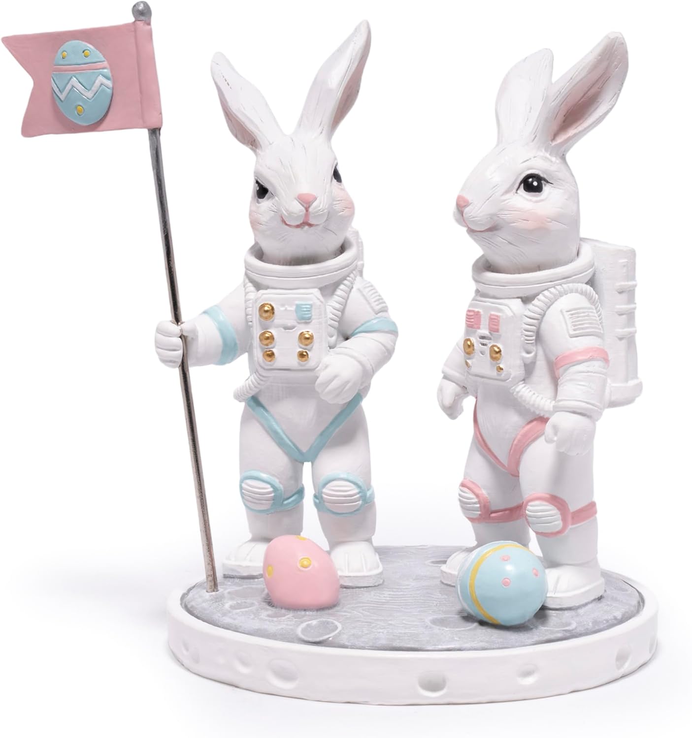 Hodao Astronaut Bunny Figurines – Space Easter Rabbit Decor with Flag & Moon Base, Cute Spring Tabletop Statue for Desk, Shelf & Nursery, Giftable Collectible Home Accent