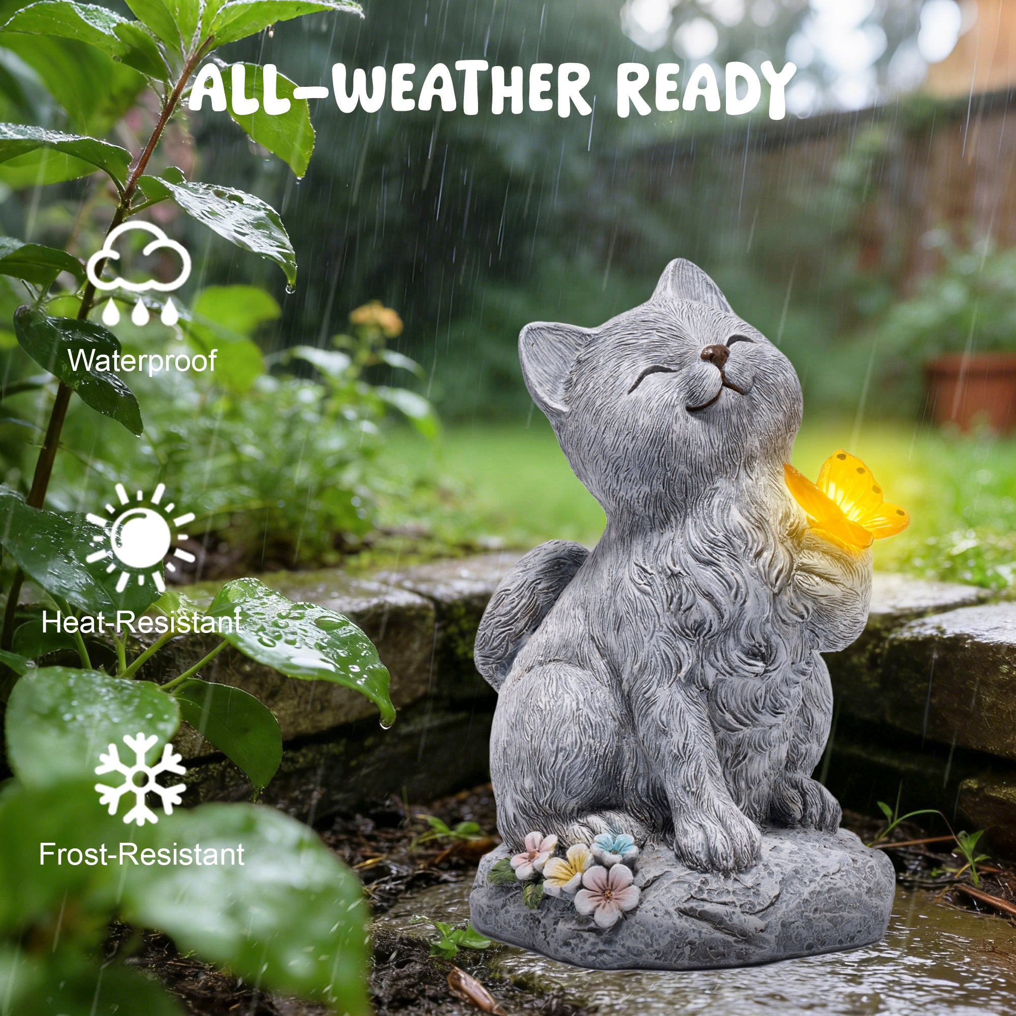 Hodao  Solar Cat Statue with Glowing Butterfly, Outdoor Garden Cat Figurine Decor for Yard Lawn Patio, Resin Solar Animal Sculpture with LED Light for Garden Landscape Decoration