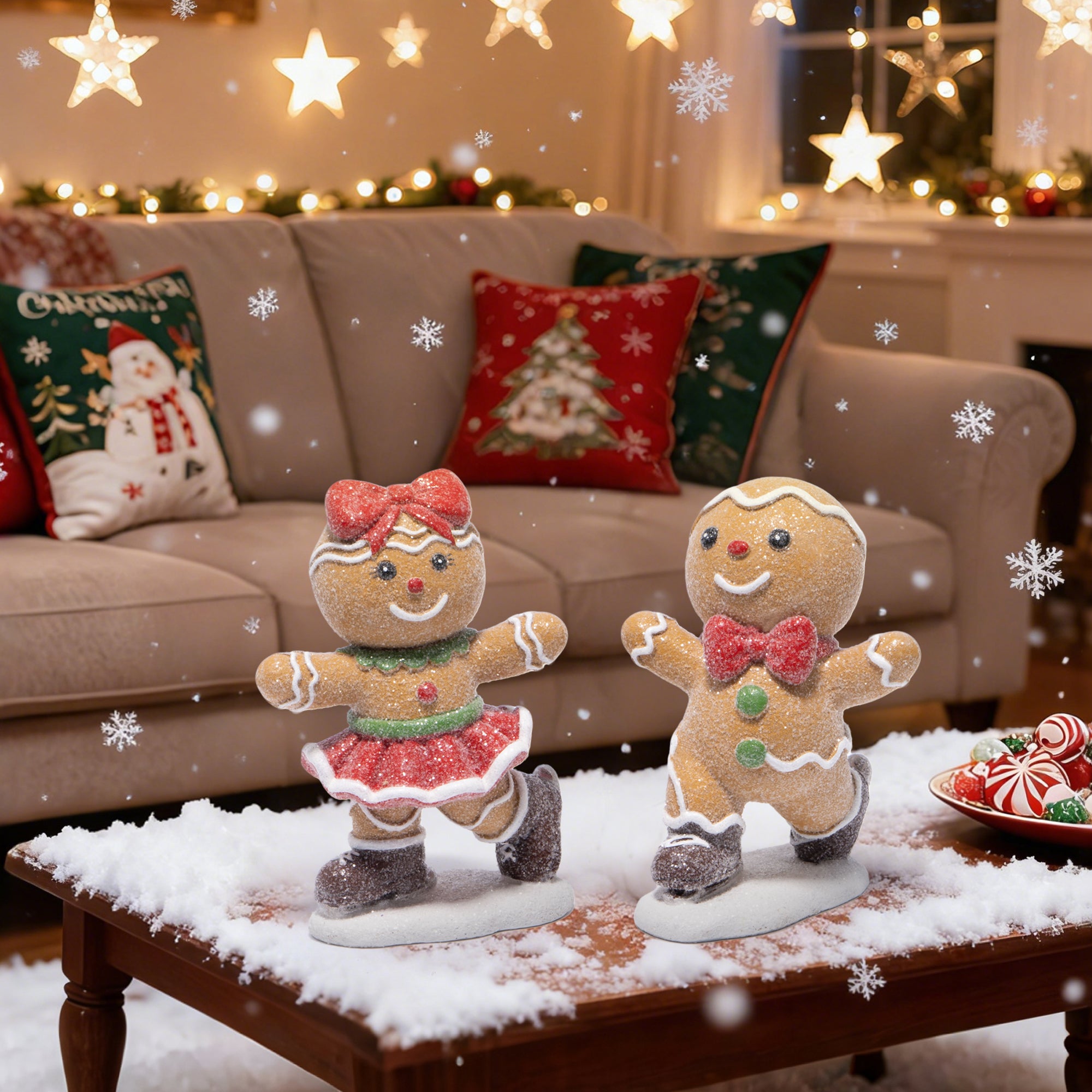 Hodao Gingerbread Couple Figurines – Hand-Painted Resin Christmas Ornaments, Glittered Skating Boy & Girl, Indoor Holiday Decor for Home, Bedroom, Shelf, Tabletop, Collectible Winter Cheer Gift