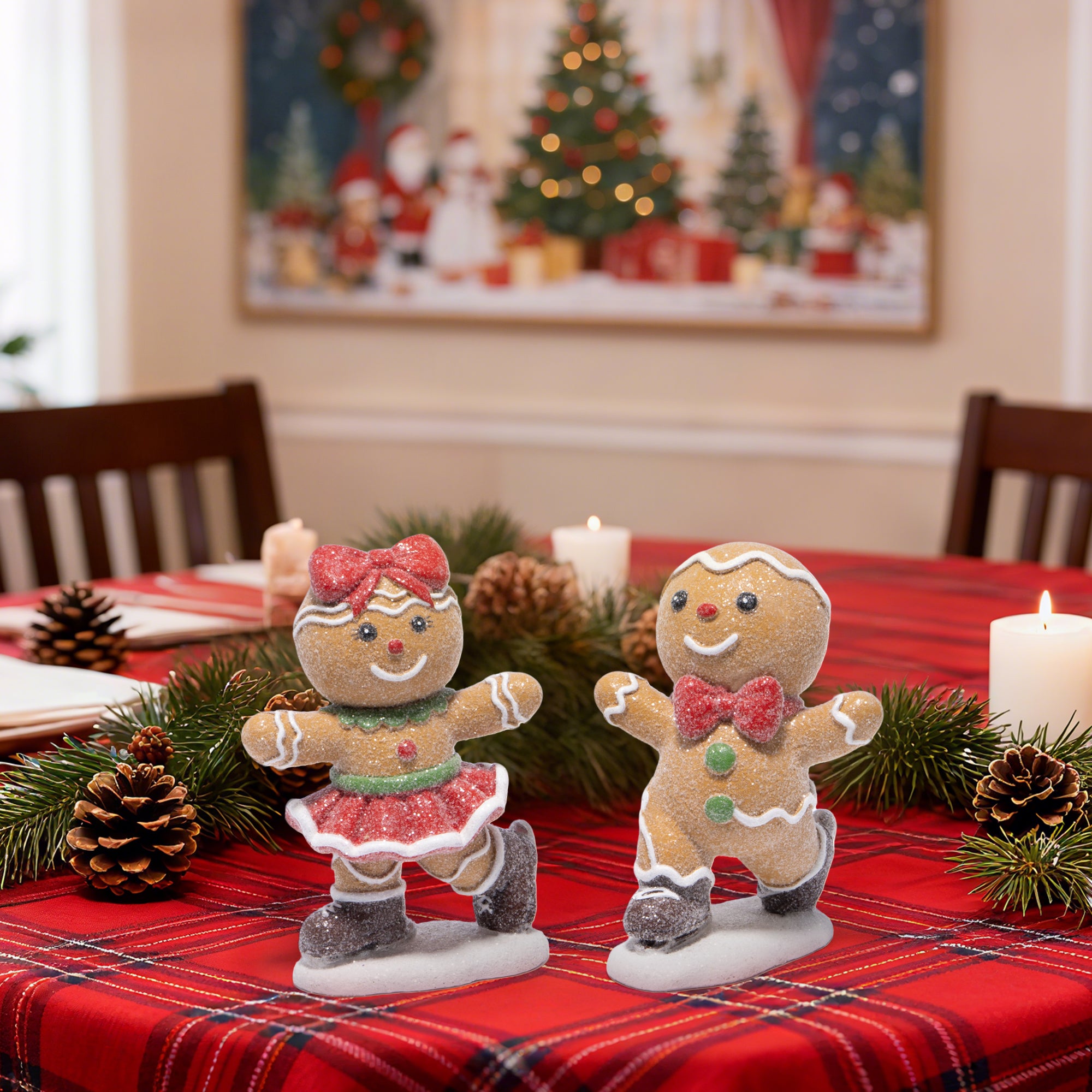 Hodao Gingerbread Couple Figurines – Hand-Painted Resin Christmas Ornaments, Glittered Skating Boy & Girl, Indoor Holiday Decor for Home, Bedroom, Shelf, Tabletop, Collectible Winter Cheer Gift