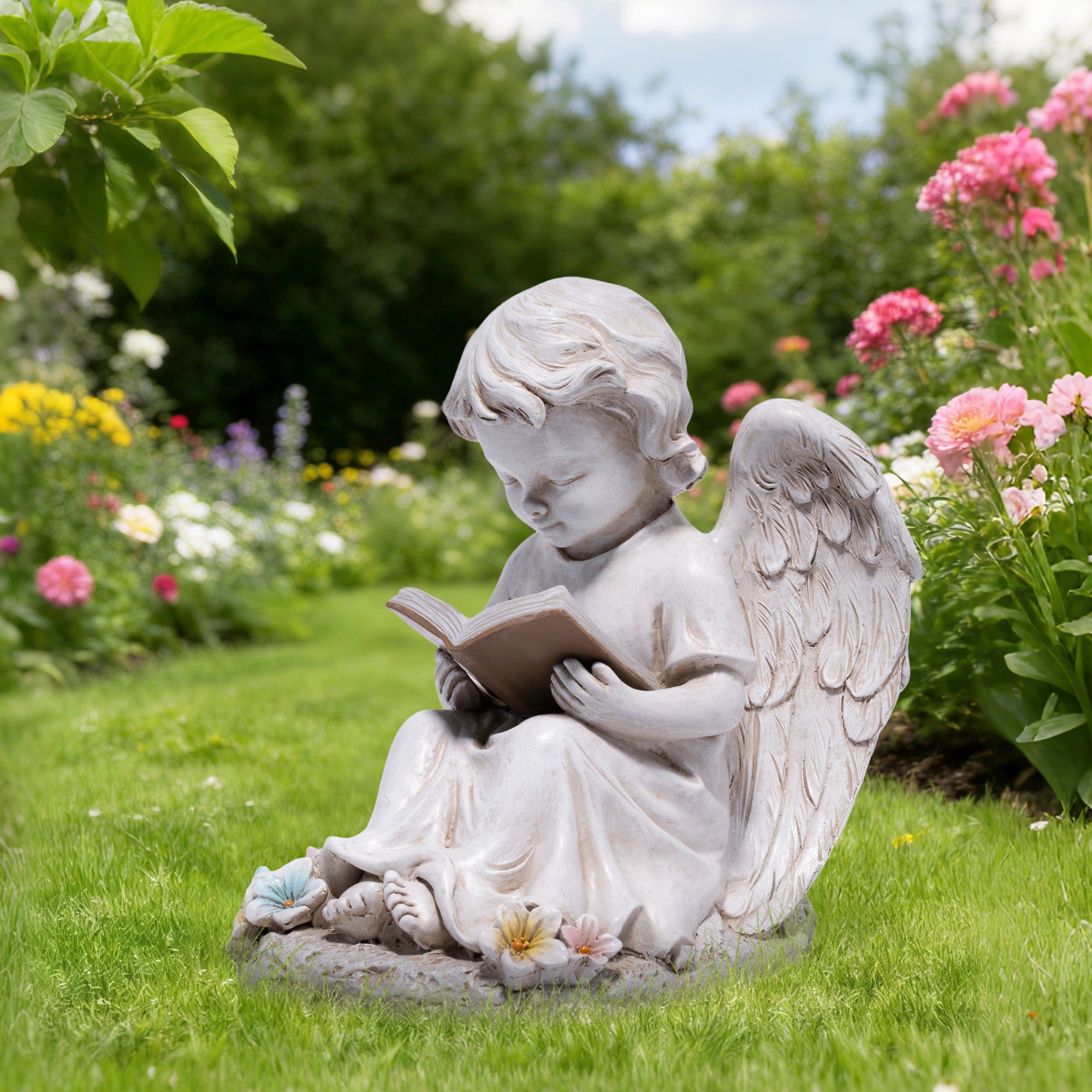 Hodao  Solar Angel Garden Statue with LED Lighted Book, Resin Outdoor Guardian Angel Figurine, Waterproof Lawn Yard Patio Decor, Memorial Sympathy Sculpture for Porch Backyard Gift