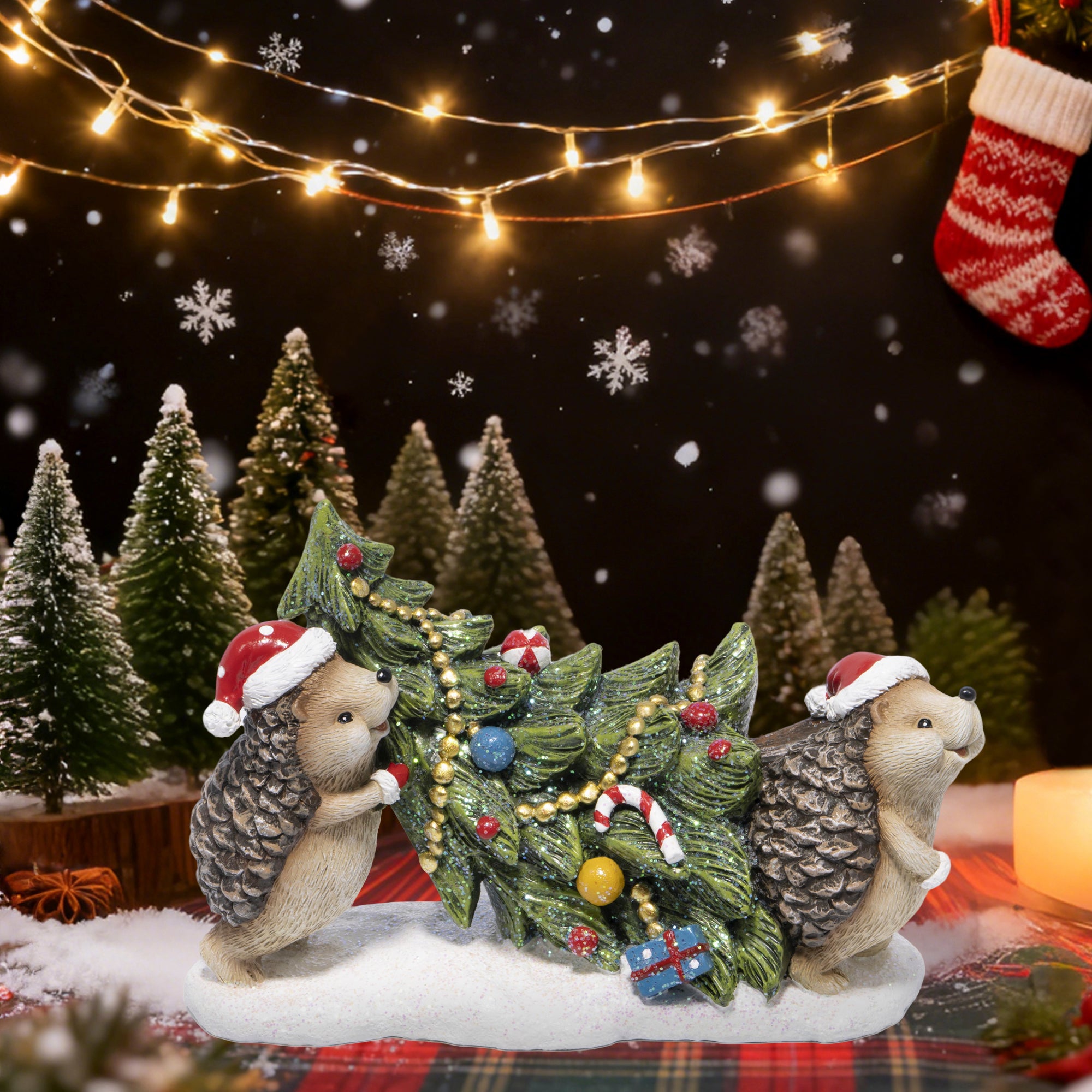 Hodao Christmas Hedgehog Figurines Decorations – Resin Hedgehog Carrying Christmas Tree Ornaments with Santa Hats, Hand-Painted Winter Decor for Indoor Home, Bedroom, Shelf, Tabletop, and Gift Display