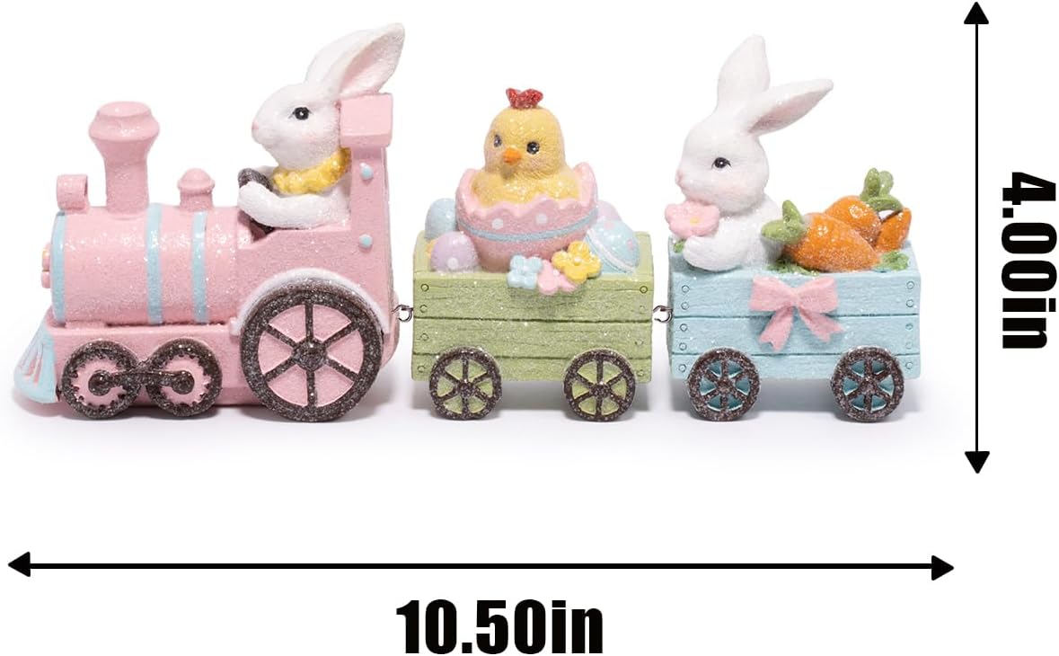 Hodao Easter Bunny Train Figurine – Pastel Pink Locomotive with Wood-Plank Carts, Chick-in-Egg & Bunny Basket Scene, Spring Tabletop Decor for Mantel, Shelf & Tiered Tray, Giftable Easter Accent