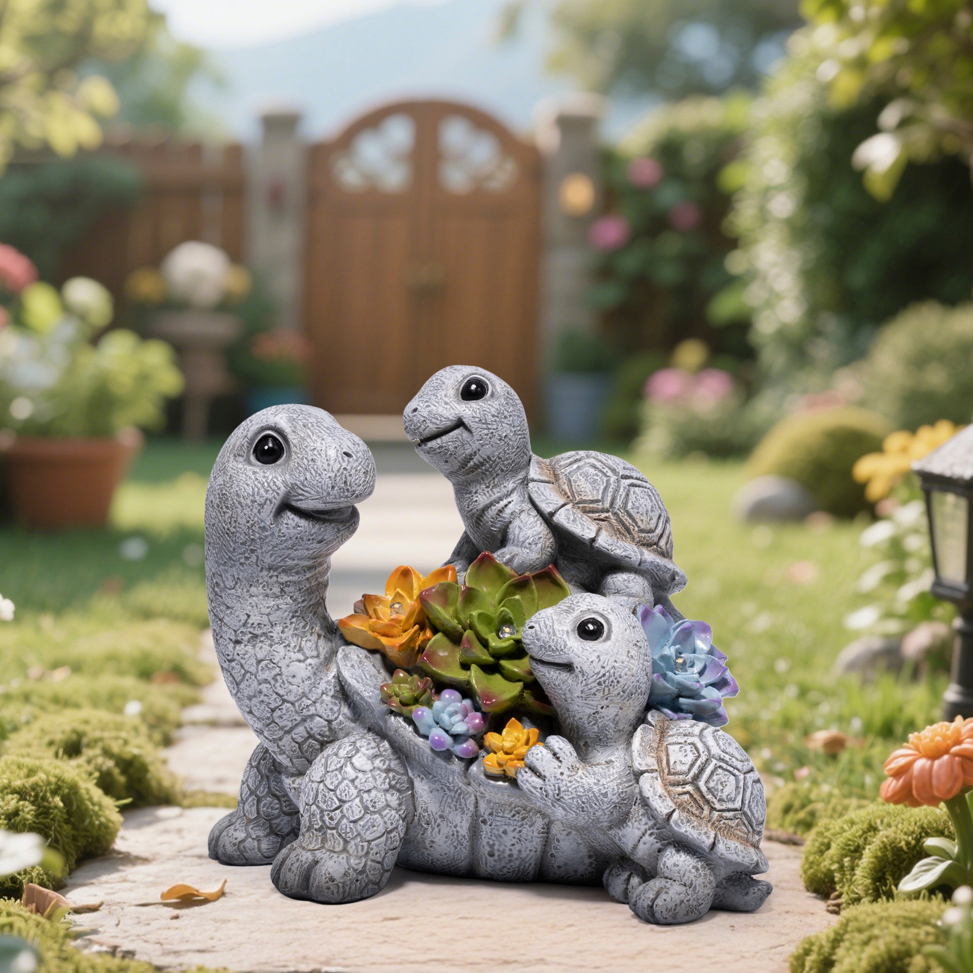 Hodao  Solar Turtle Garden Statue with LED Succulent Lights, Resin Outdoor Tortoise Family Figurine, Waterproof Yard Lawn Patio Decor, Cute Animal Sculpture for Porch, Backyard, Gift