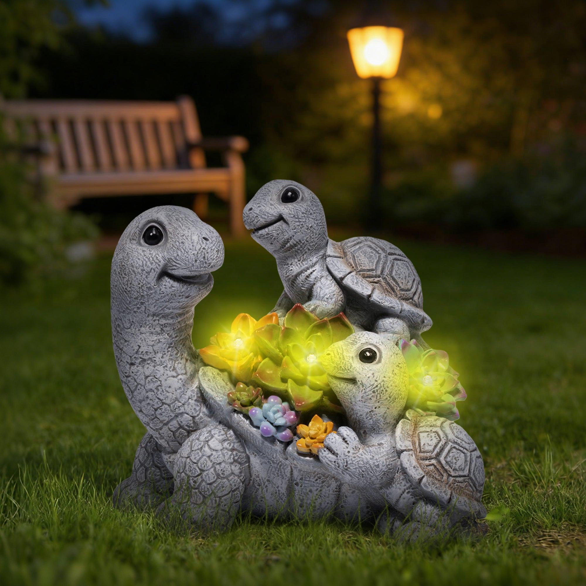 Hodao  Solar Turtle Garden Statue with LED Succulent Lights, Resin Outdoor Tortoise Family Figurine, Waterproof Yard Lawn Patio Decor, Cute Animal Sculpture for Porch, Backyard, Gift