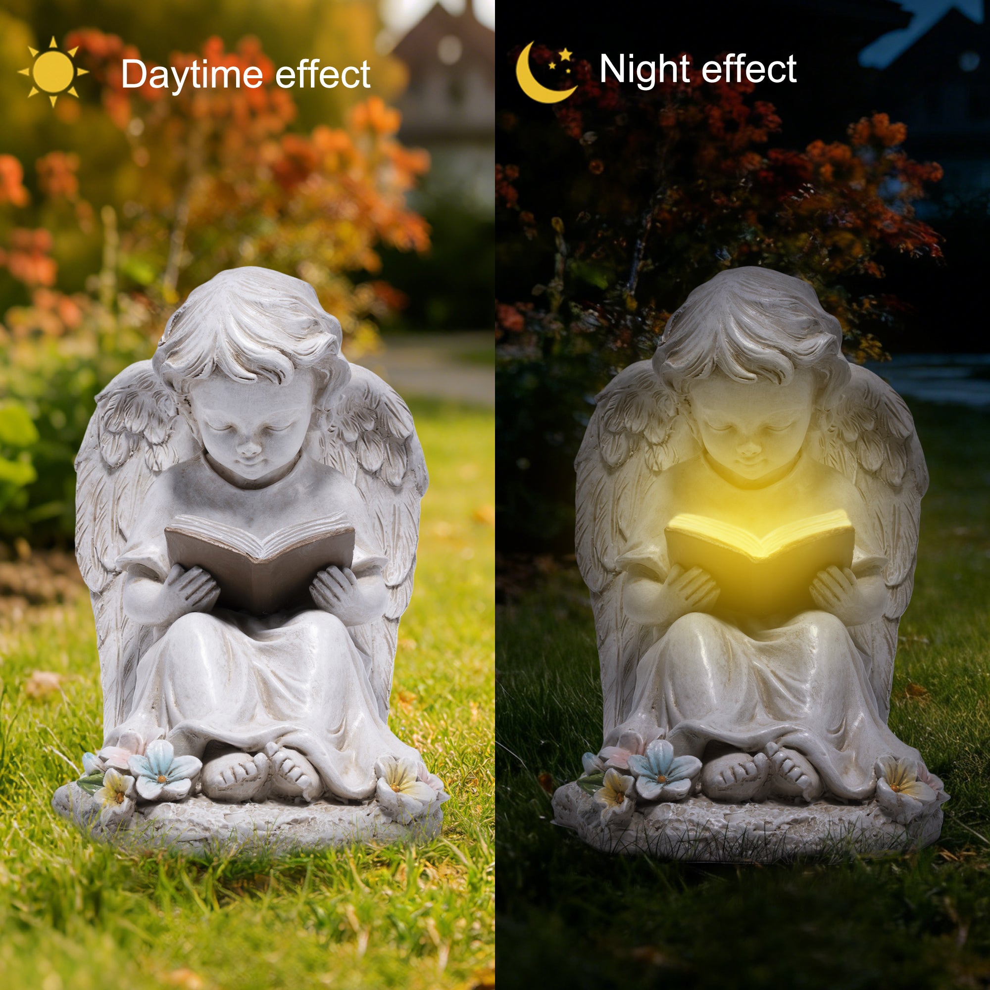 Hodao  Solar Angel Garden Statue with LED Lighted Book, Resin Outdoor Guardian Angel Figurine, Waterproof Lawn Yard Patio Decor, Memorial Sympathy Sculpture for Porch Backyard Gift