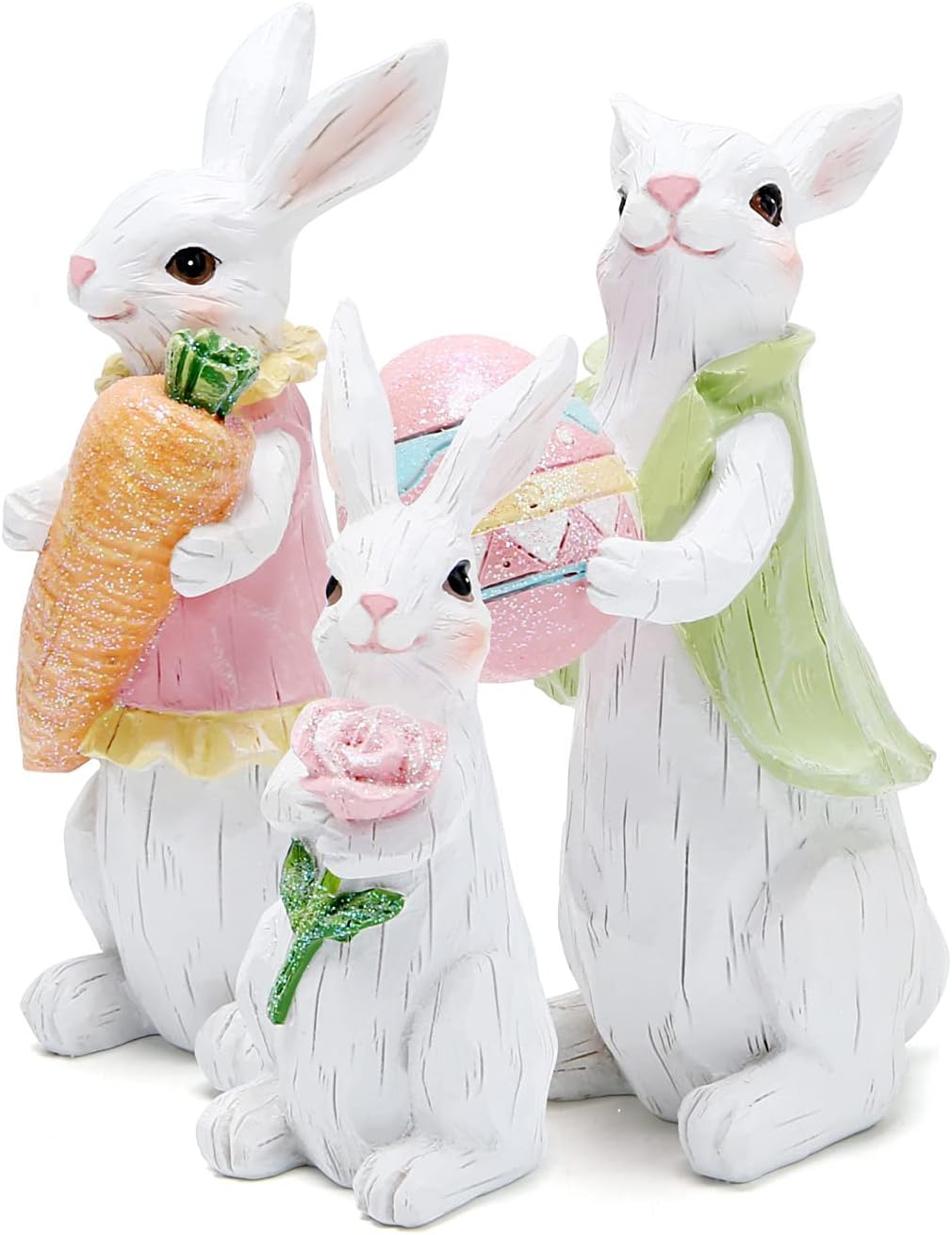 Hodao Easter Bunny Family Figurine Decoration, Pastel Resin Rabbit Statue with Carrot, Easter Egg and Flower, Spring Tabletop Decor for Home Shelf Mantel Gift