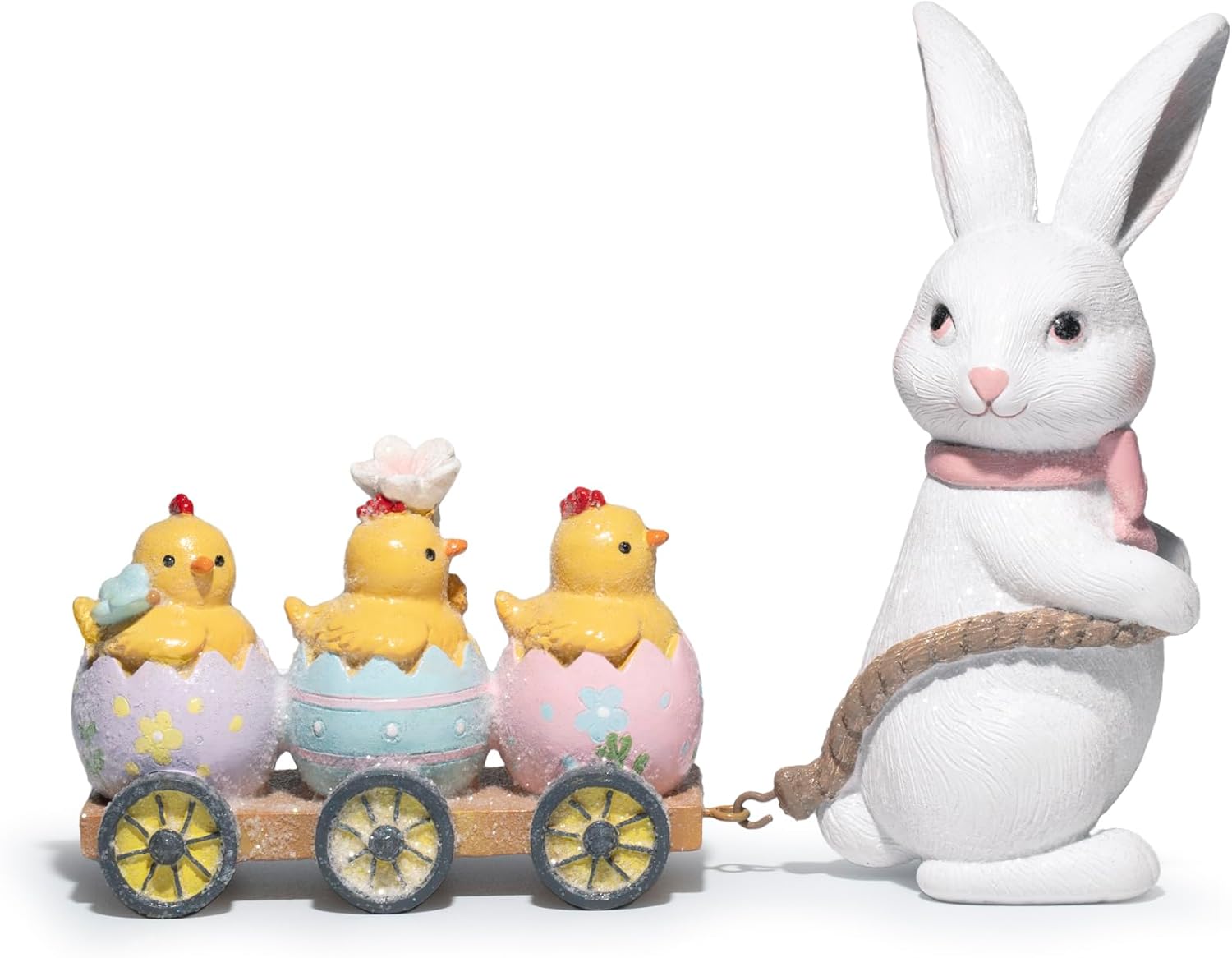Hodao Easter Bunny Pulling Cart Figurine – Rabbit with Chicks in Painted Egg Wagon, Spring Tabletop Decor for Mantel & Tiered Tray, Giftable with “Happy Easter” Box Packaging