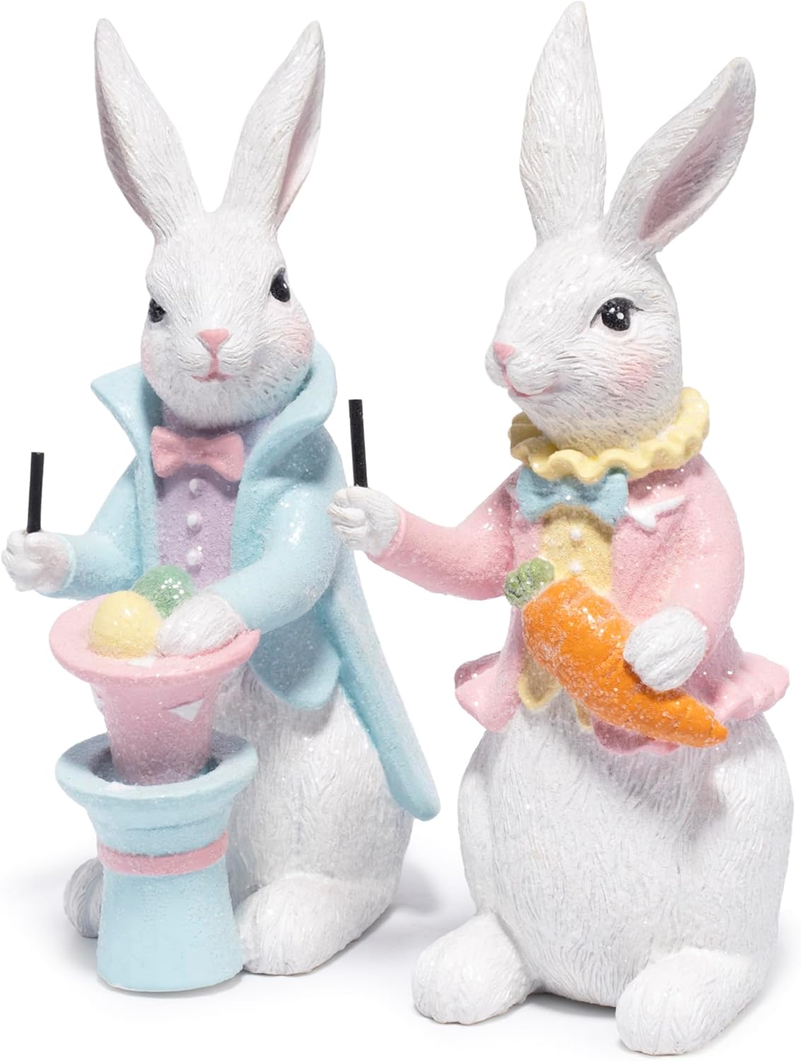 Hodao Easter Bunny Figurines Set of 2 – Gentleman Rabbit Pair with Pastel Coats & Spring Props, Cute Tabletop Decor for Mantel, Shelf & Tiered Tray, Giftable Easter Home Accent