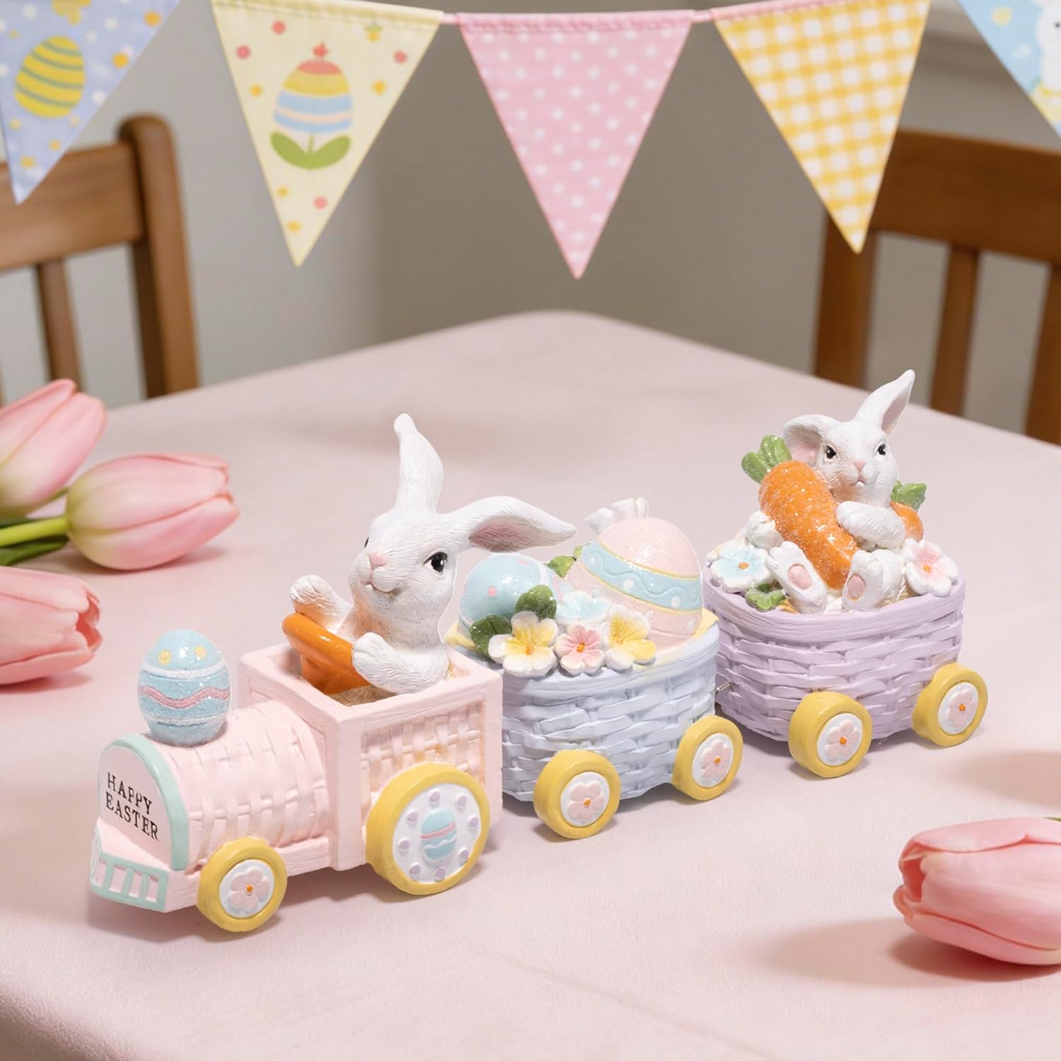 Hodao Happy Easter Bunny Train Figurine – Pastel Pink Spring Tabletop Decor with Egg & Basket Carts, Cute Rabbit Home Accent for Mantel, Shelf & Tiered Tray, Giftable Easter Decoration