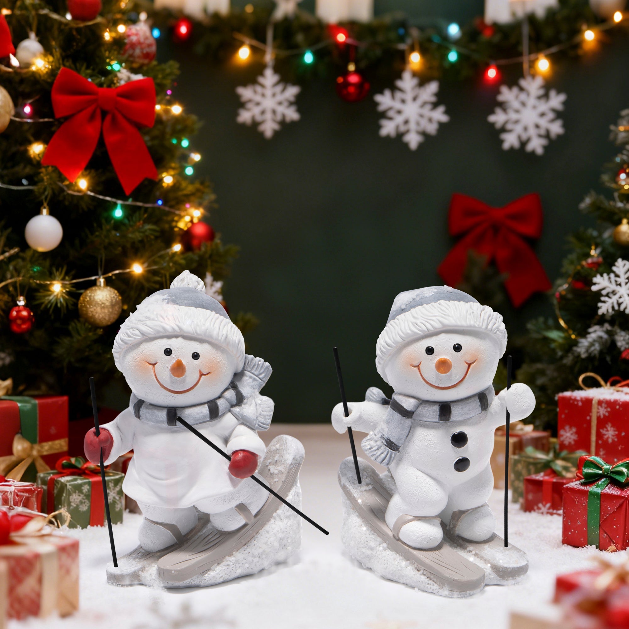 Hodao Christmas Snowman Skiing Figurines in Gray, Resin Winter Decorations for Holiday Home, Neutral Tabletop Ornaments, Festive Mantel and Tiered Tray Accents, for Family and Friends