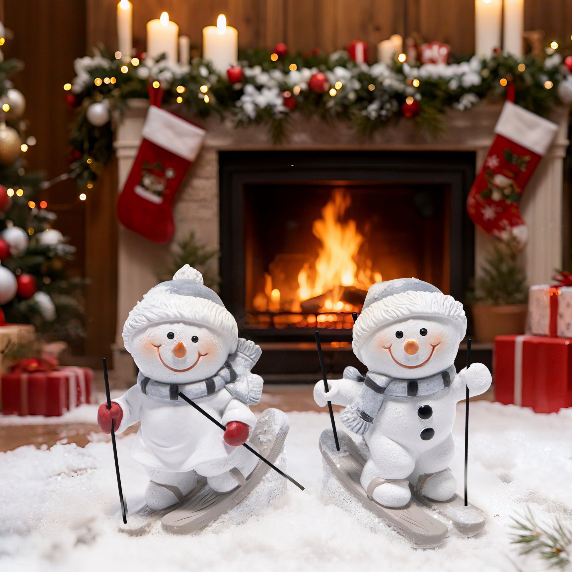 Hodao Christmas Snowman Skiing Figurines in Gray, Resin Winter Decorations for Holiday Home, Neutral Tabletop Ornaments, Festive Mantel and Tiered Tray Accents, for Family and Friends