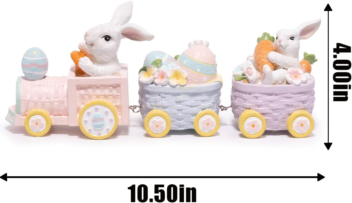 Hodao Happy Easter Bunny Train Figurine – Pastel Pink Spring Tabletop Decor with Egg & Basket Carts, Cute Rabbit Home Accent for Mantel, Shelf & Tiered Tray, Giftable Easter Decoration