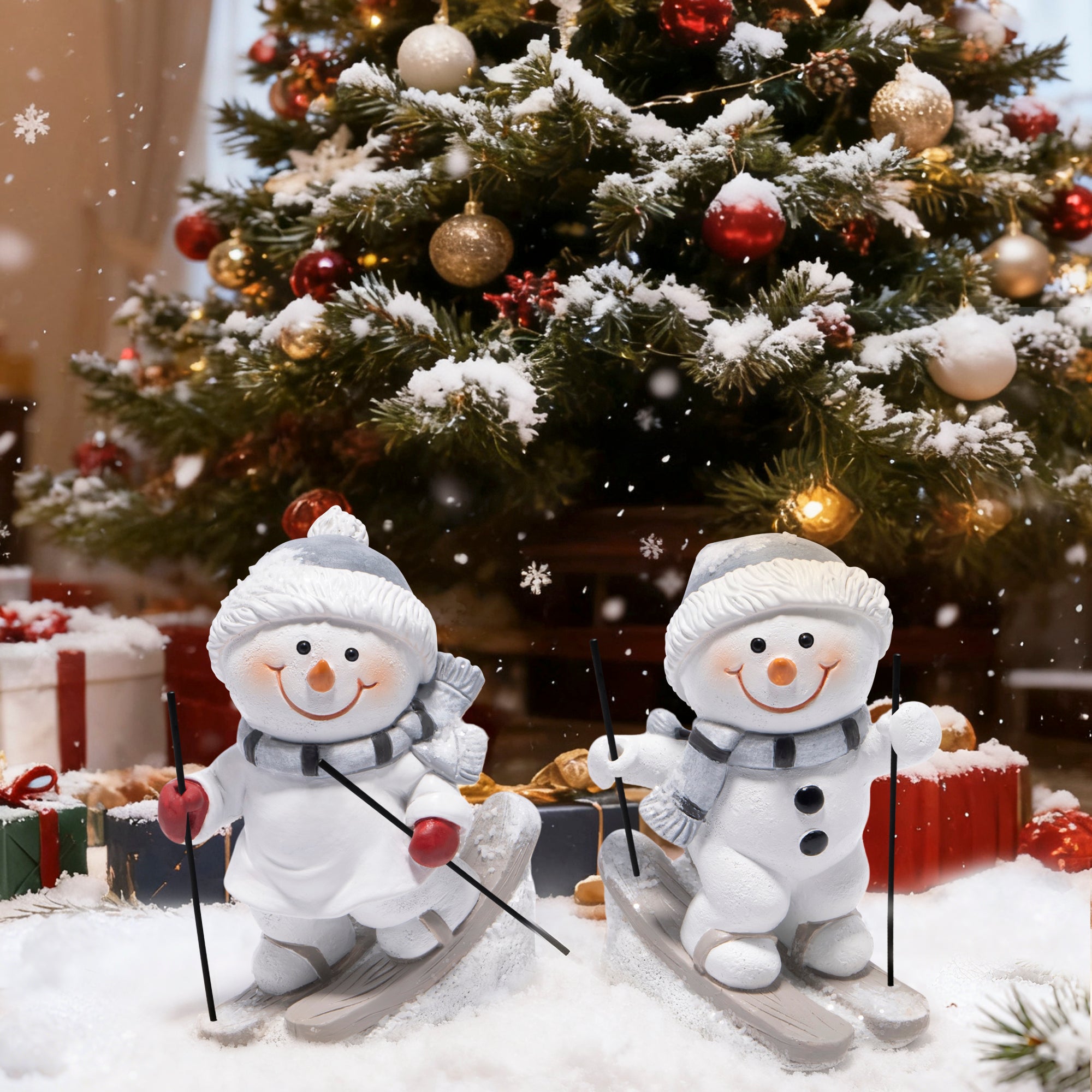 Hodao Christmas Snowman Skiing Figurines in Gray, Resin Winter Decorations for Holiday Home, Neutral Tabletop Ornaments, Festive Mantel and Tiered Tray Accents, for Family and Friends