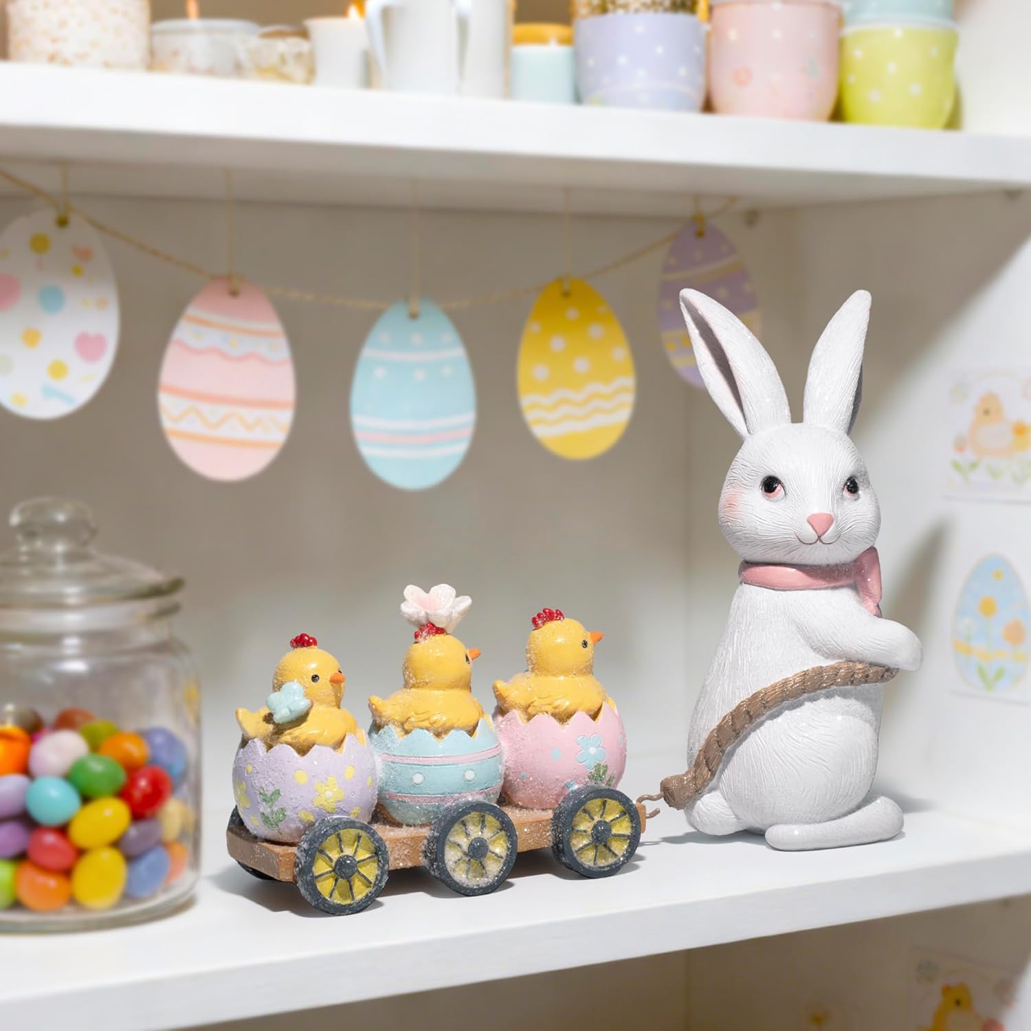 Hodao Easter Bunny Pulling Cart Figurine – Rabbit with Chicks in Painted Egg Wagon, Spring Tabletop Decor for Mantel & Tiered Tray, Giftable with “Happy Easter” Box Packaging