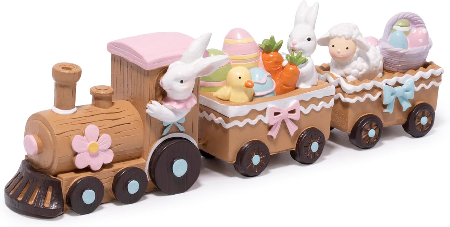 Hodao Easter Train Figurine Bundle (Choose 3/4/6-Piece Set) – Pastel Spring Tabletop Decor Collection with Bunny & Egg Carts, Cute Home Accent for Mantel, Shelf & Tiered Tray, Gift-Ready Easter Decor