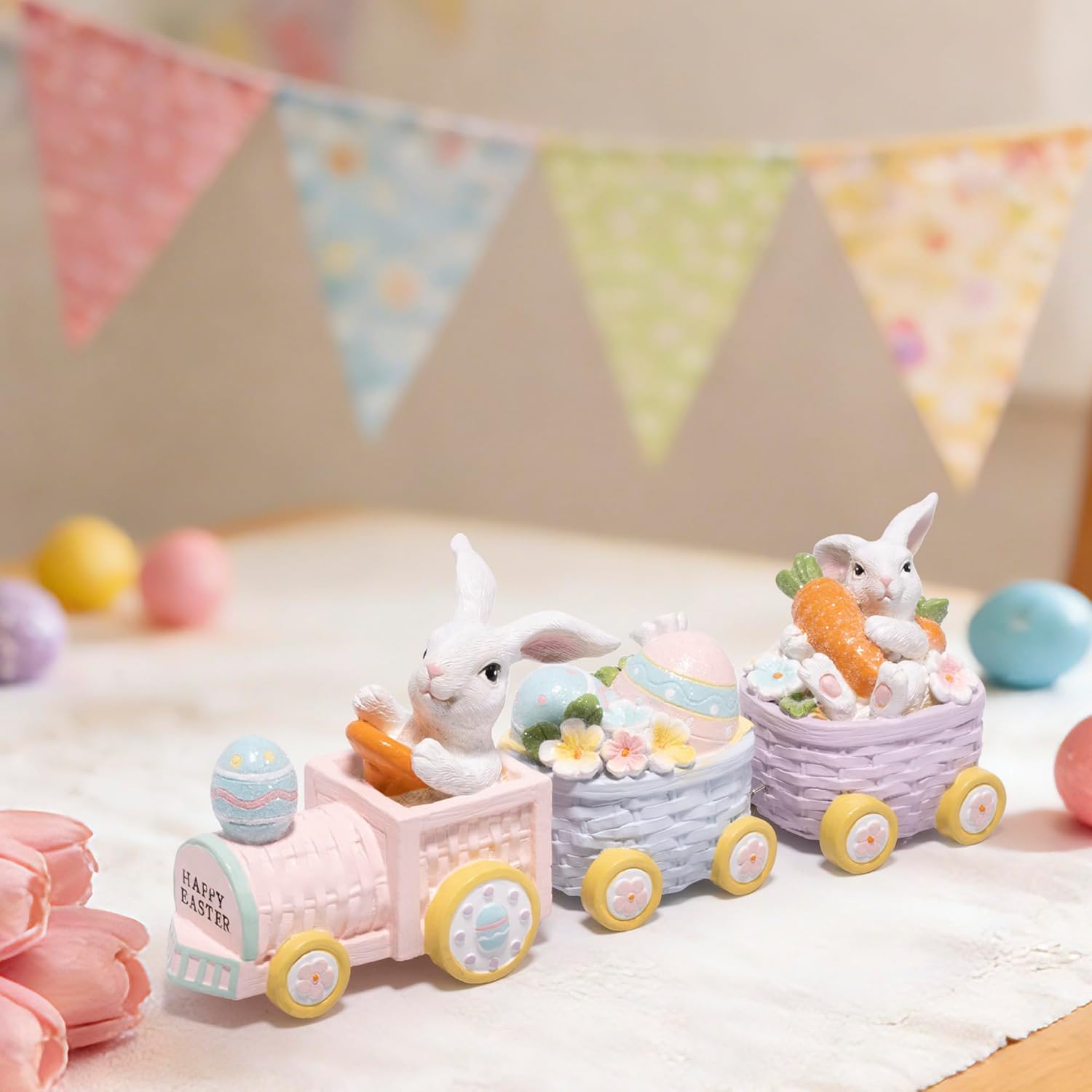 Hodao Happy Easter Bunny Train Figurine – Pastel Pink Spring Tabletop Decor with Egg & Basket Carts, Cute Rabbit Home Accent for Mantel, Shelf & Tiered Tray, Giftable Easter Decoration