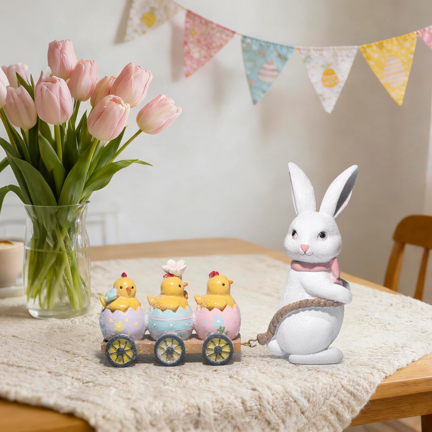 Hodao Easter Bunny Pulling Cart Figurine – Rabbit with Chicks in Painted Egg Wagon, Spring Tabletop Decor for Mantel & Tiered Tray, Giftable with “Happy Easter” Box Packaging