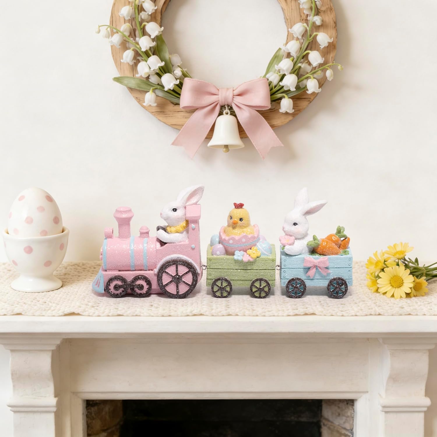Hodao Easter Bunny Train Figurine – Pastel Pink Locomotive with Wood-Plank Carts, Chick-in-Egg & Bunny Basket Scene, Spring Tabletop Decor for Mantel, Shelf & Tiered Tray, Giftable Easter Accent
