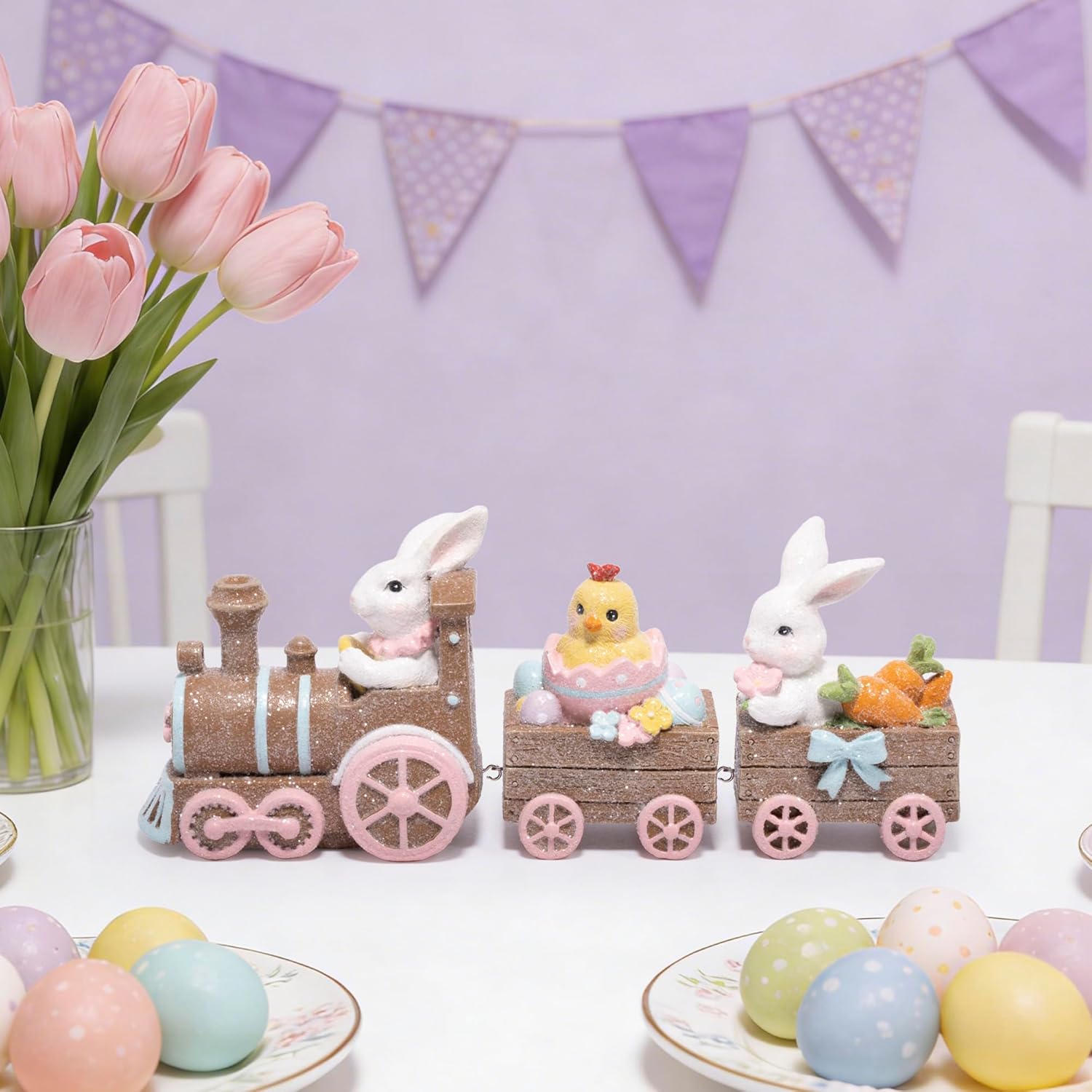 Hodao Easter Bunny Train Figurine – Rustic Brown Wood-Look Tabletop Decor with Chicks & Egg Cart, Spring Pastel Home Accent for Mantel, Shelf & Tiered Tray, Giftable Easter Decoration