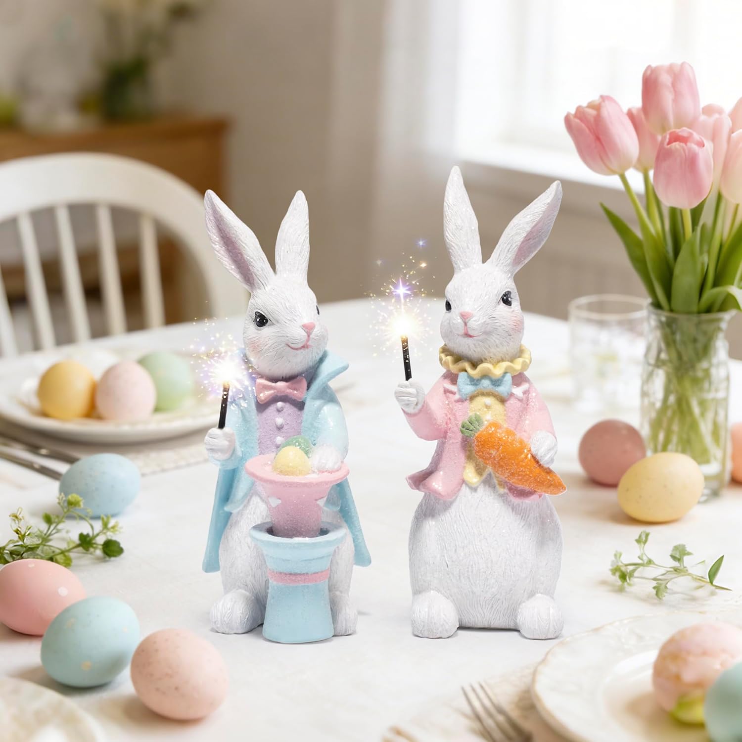 Hodao Easter Bunny Figurines Set of 2 – Gentleman Rabbit Pair with Pastel Coats & Spring Props, Cute Tabletop Decor for Mantel, Shelf & Tiered Tray, Giftable Easter Home Accent