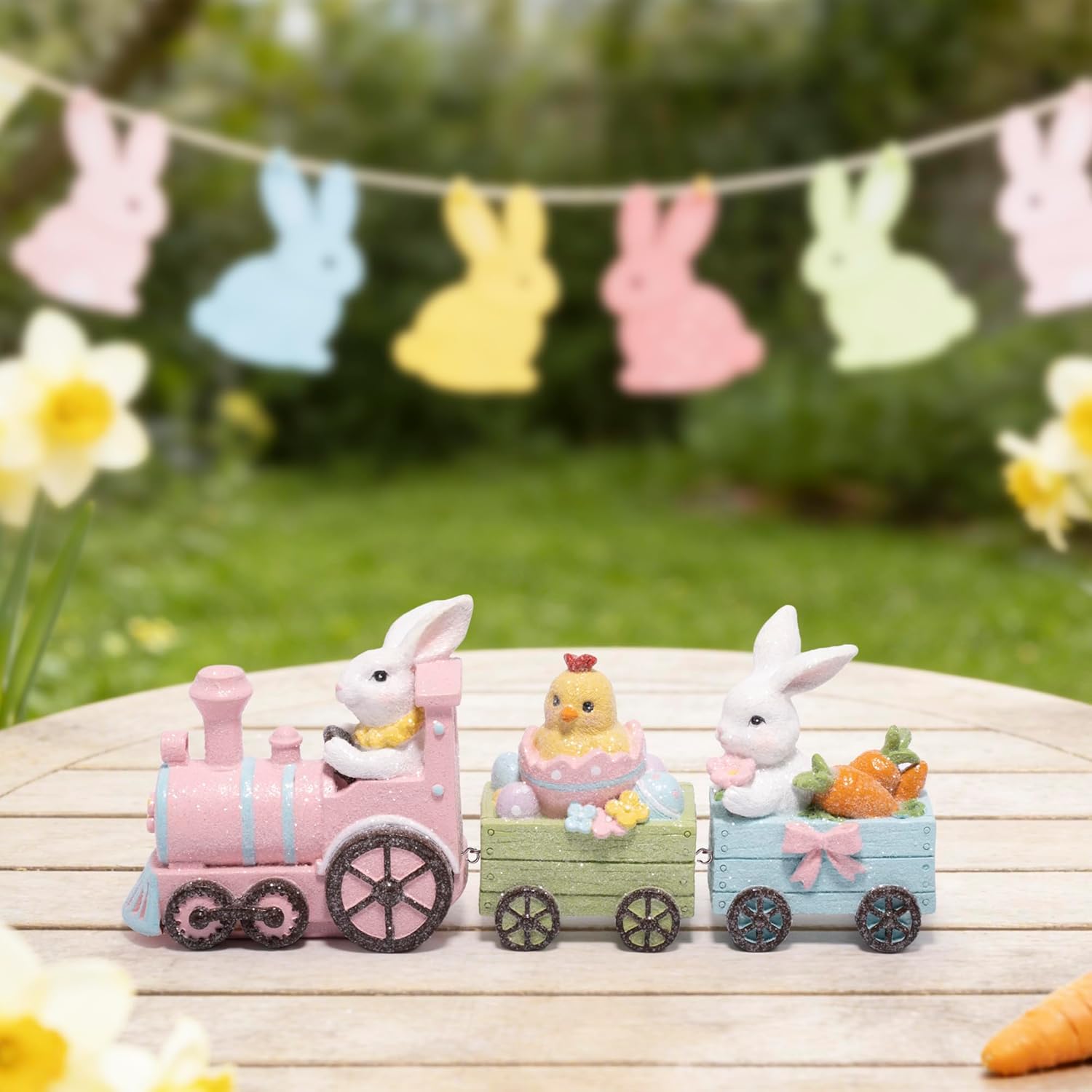 Hodao Easter Bunny Train Figurine – Pastel Pink Locomotive with Wood-Plank Carts, Chick-in-Egg & Bunny Basket Scene, Spring Tabletop Decor for Mantel, Shelf & Tiered Tray, Giftable Easter Accent