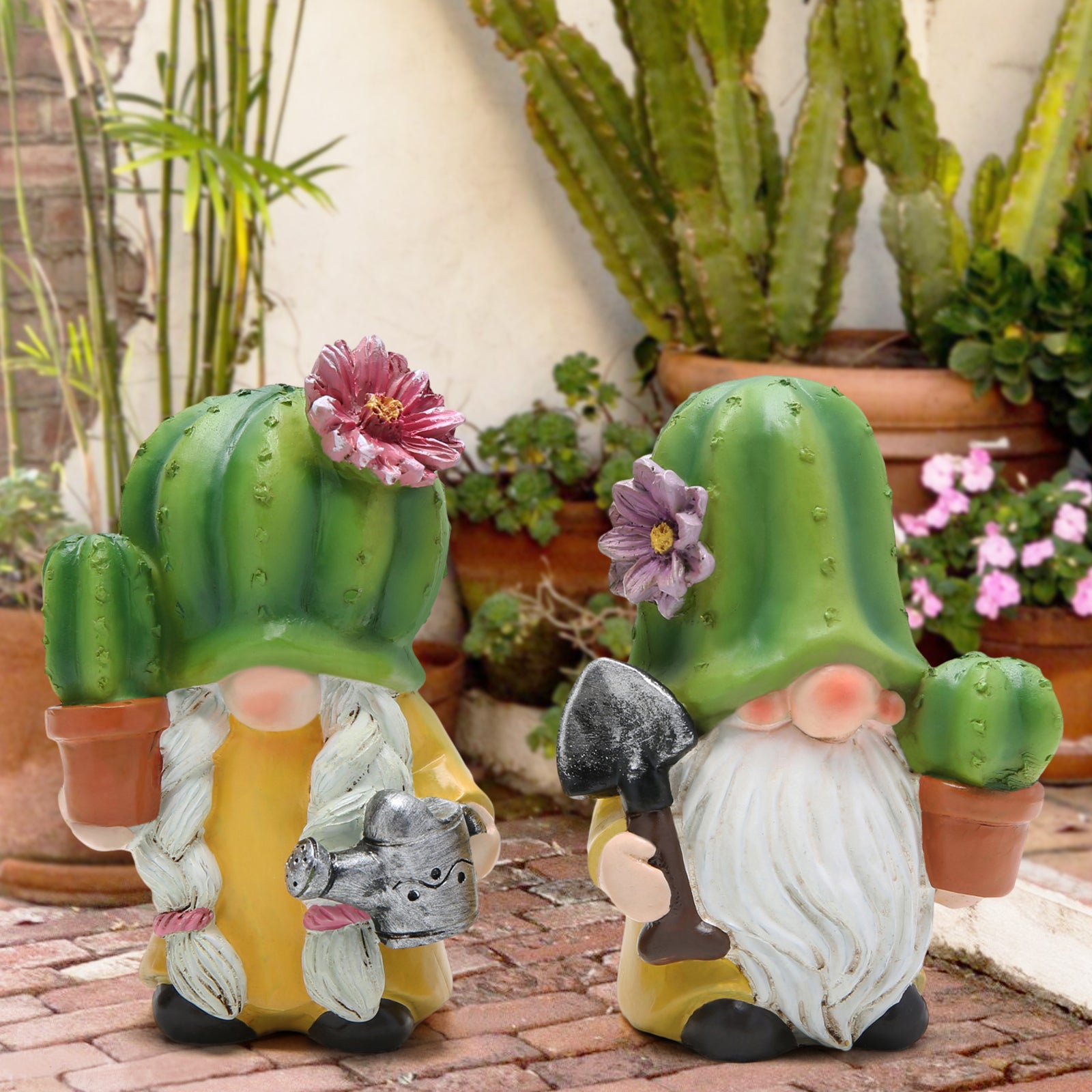 Hodao Cactus garden gnome statue spring and summer Chloroplastida elf layered tray cactus flower gnome southwest style gift desert decorative outdoor statue (cactus)