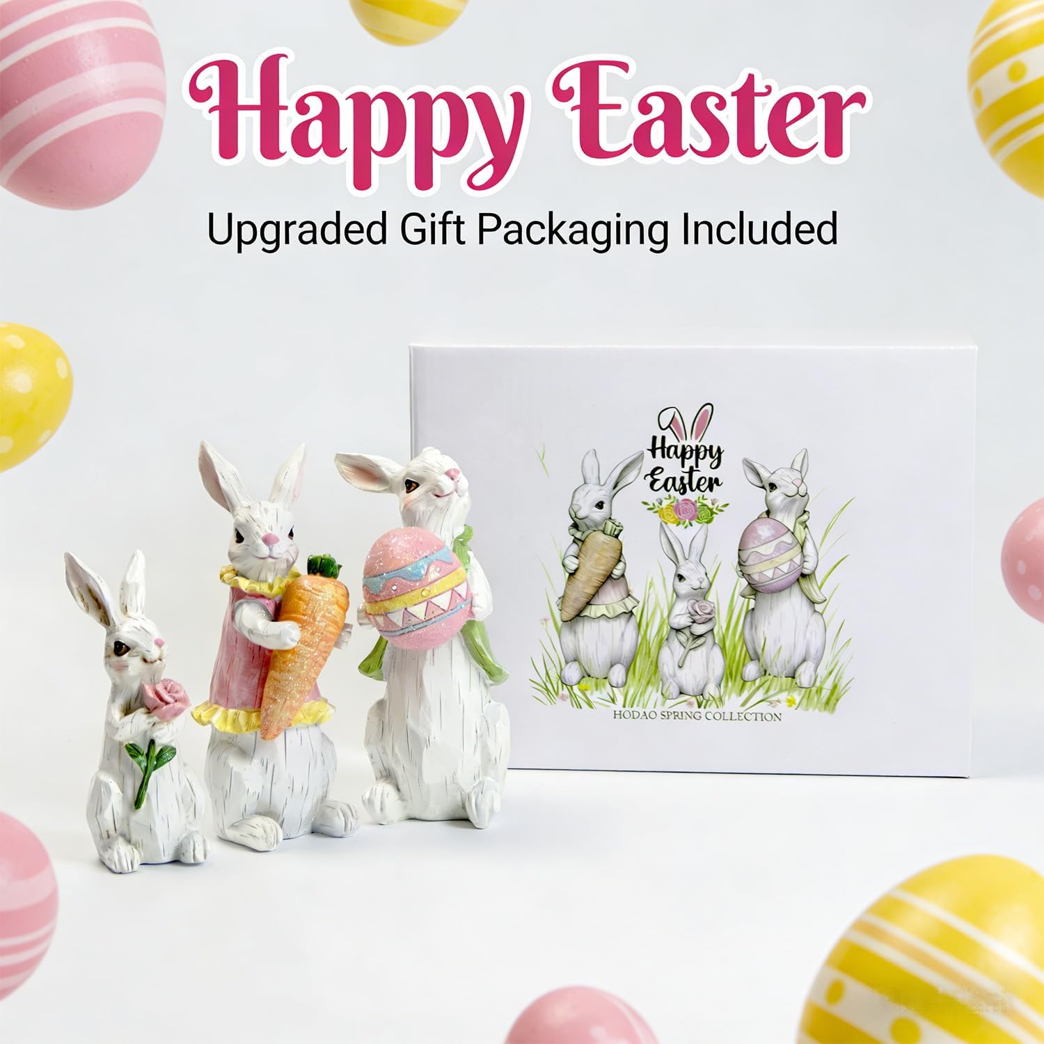 Hodao Easter Bunny Family Figurine Decoration, Pastel Resin Rabbit Statue with Carrot, Easter Egg and Flower, Spring Tabletop Decor for Home Shelf Mantel Gift