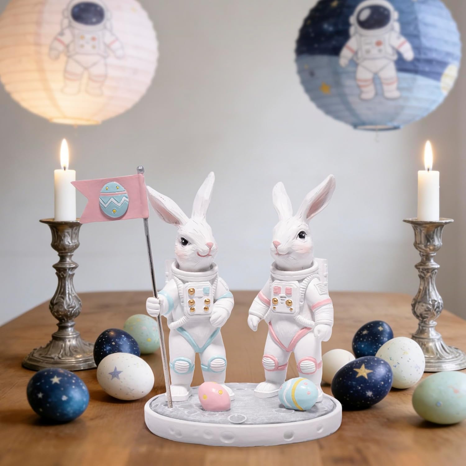 Hodao Astronaut Bunny Figurines – Space Easter Rabbit Decor with Flag & Moon Base, Cute Spring Tabletop Statue for Desk, Shelf & Nursery, Giftable Collectible Home Accent