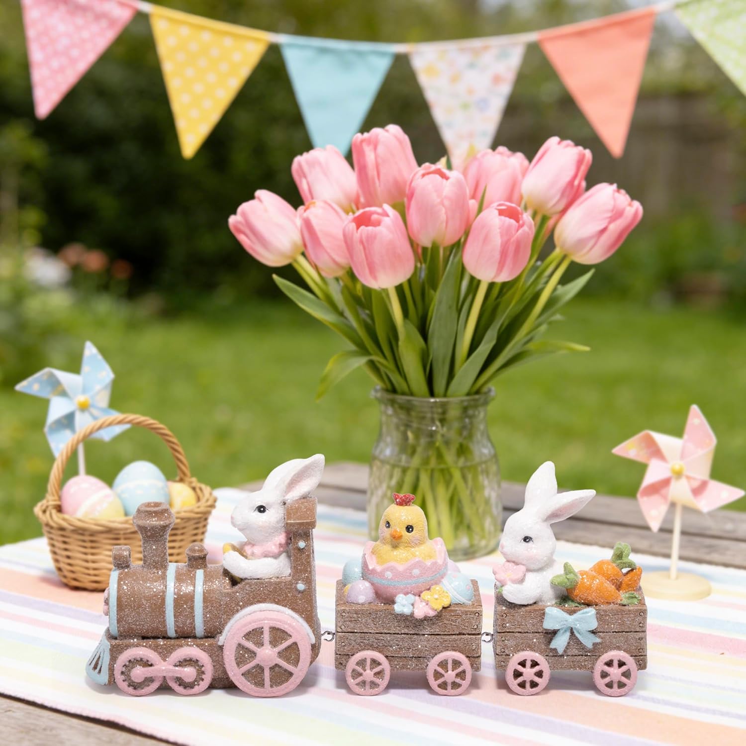 Hodao Easter Bunny Train Figurine – Rustic Brown Wood-Look Tabletop Decor with Chicks & Egg Cart, Spring Pastel Home Accent for Mantel, Shelf & Tiered Tray, Giftable Easter Decoration
