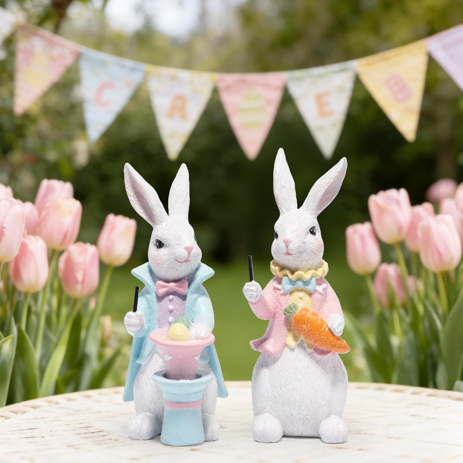Hodao Easter Bunny Figurines Set of 2 – Gentleman Rabbit Pair with Pastel Coats & Spring Props, Cute Tabletop Decor for Mantel, Shelf & Tiered Tray, Giftable Easter Home Accent